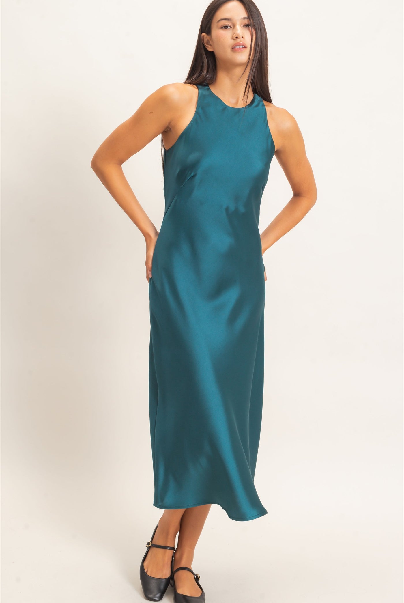 Wholesale Sleeveless Satin Midi Dress Dresses DZ26E257 DARK TEAL DOUBLE ZERO