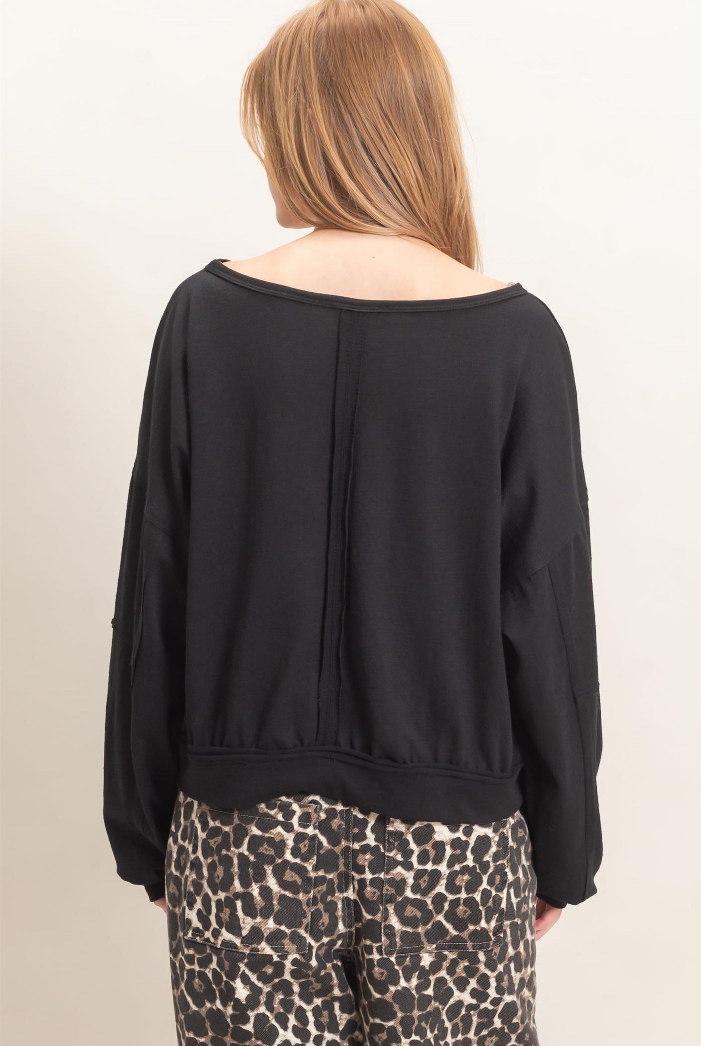 Wholesale Relaxed Boat Neck Long Sleeve Top Clothing Tops HF25F340 BLACK HYFVE