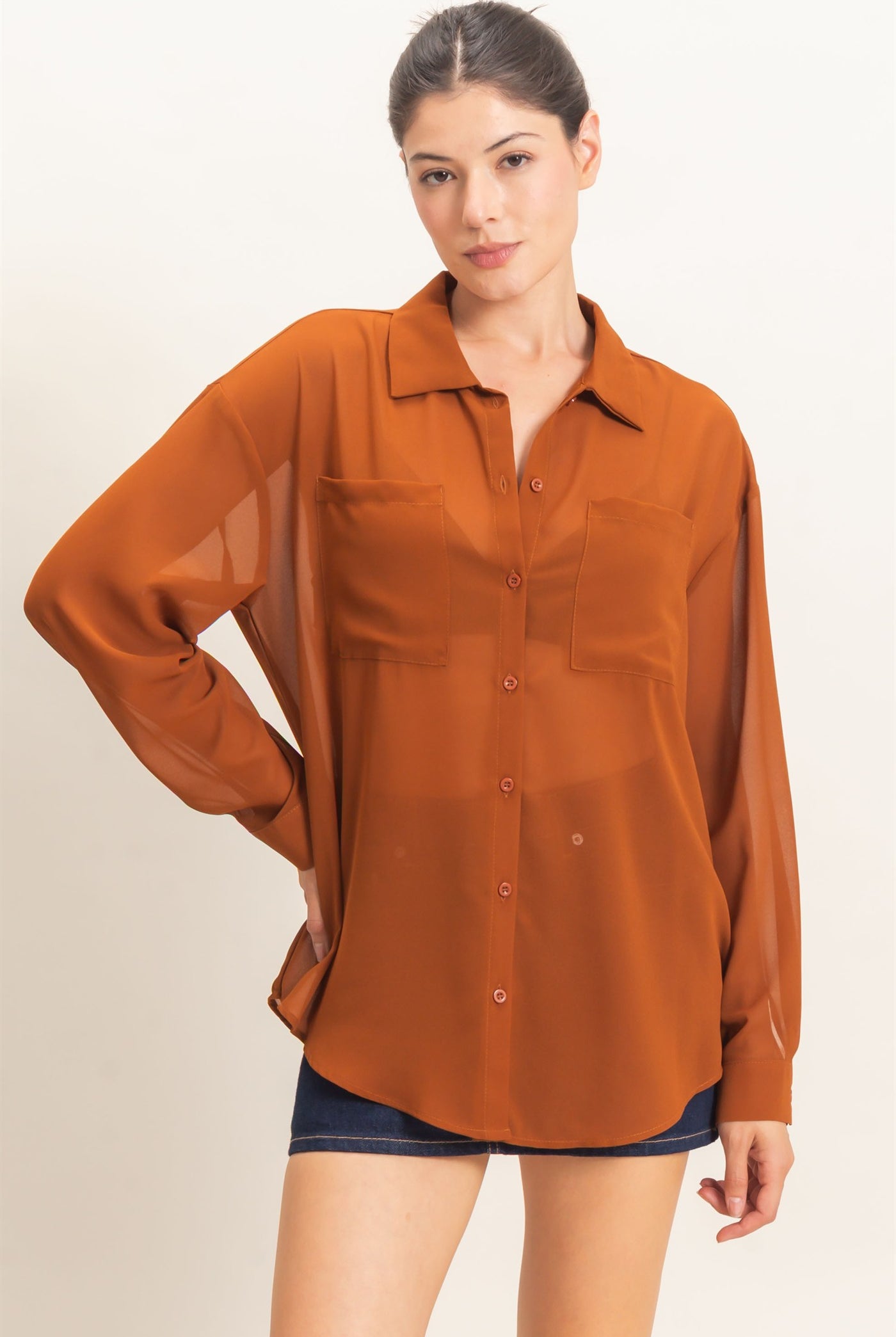 Wholesale Button-Down Collar Blouse Shirts HF26F067 CAMEL HYFVE