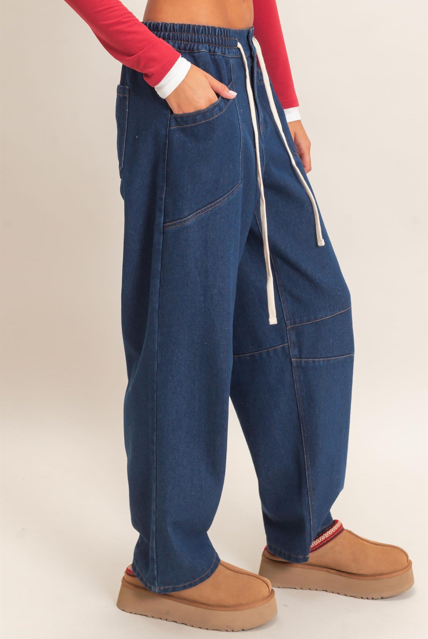Wholesale Elastic Waist Denim Pants Pants DZ26F306 DARK BLUE DOUBLE ZERO