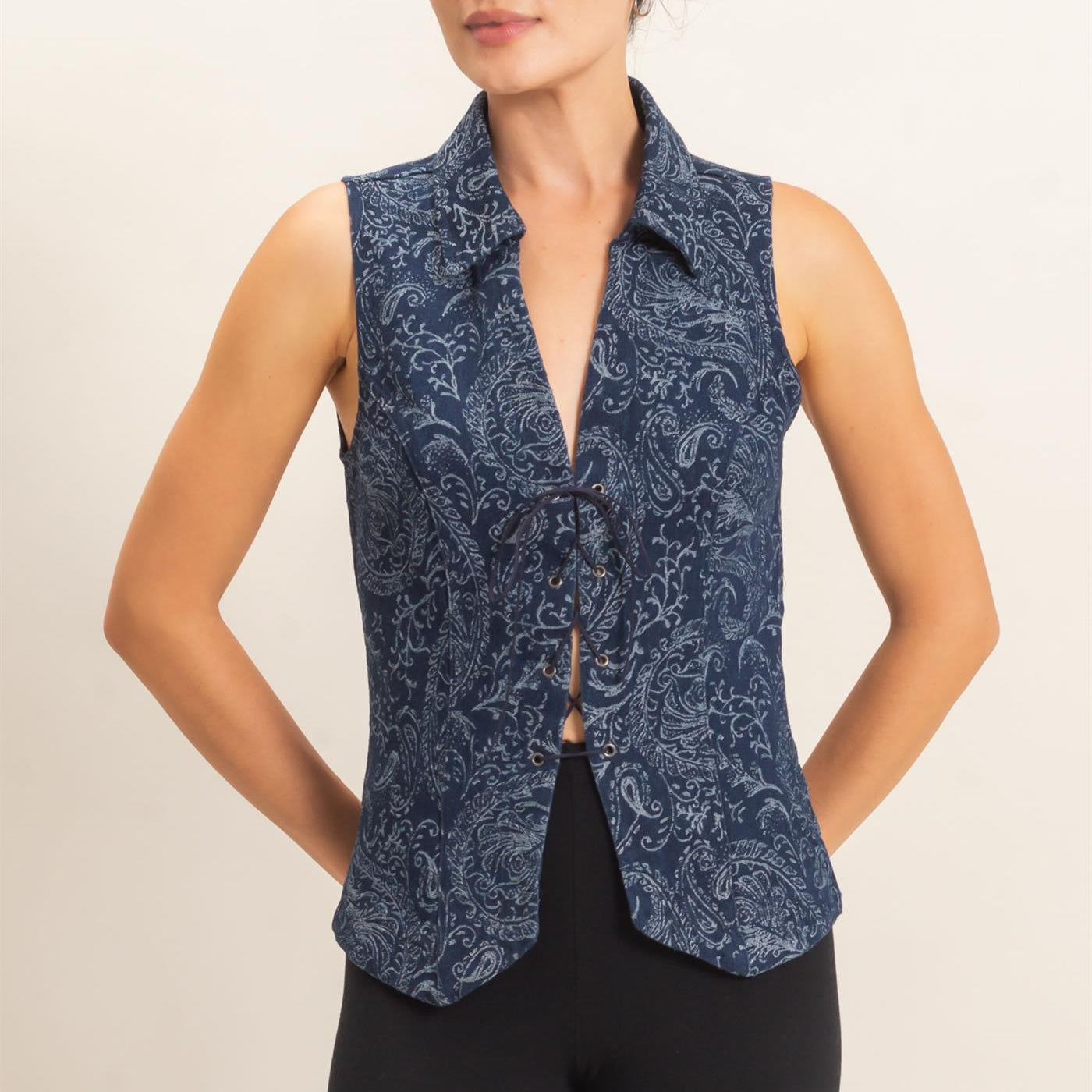 Wholesale Paisley Lace-Up Vest Clothing Tops HF26E171 NAVY HYFVE