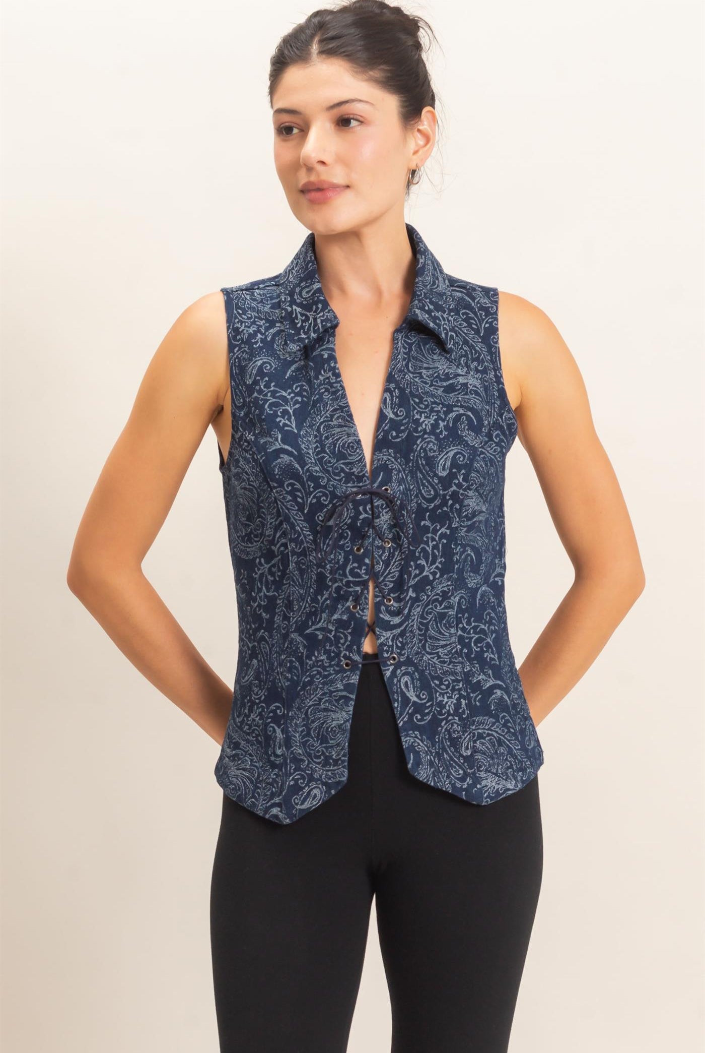 Wholesale Paisley Lace-Up Vest Clothing Tops HF26E171 NAVY HYFVE