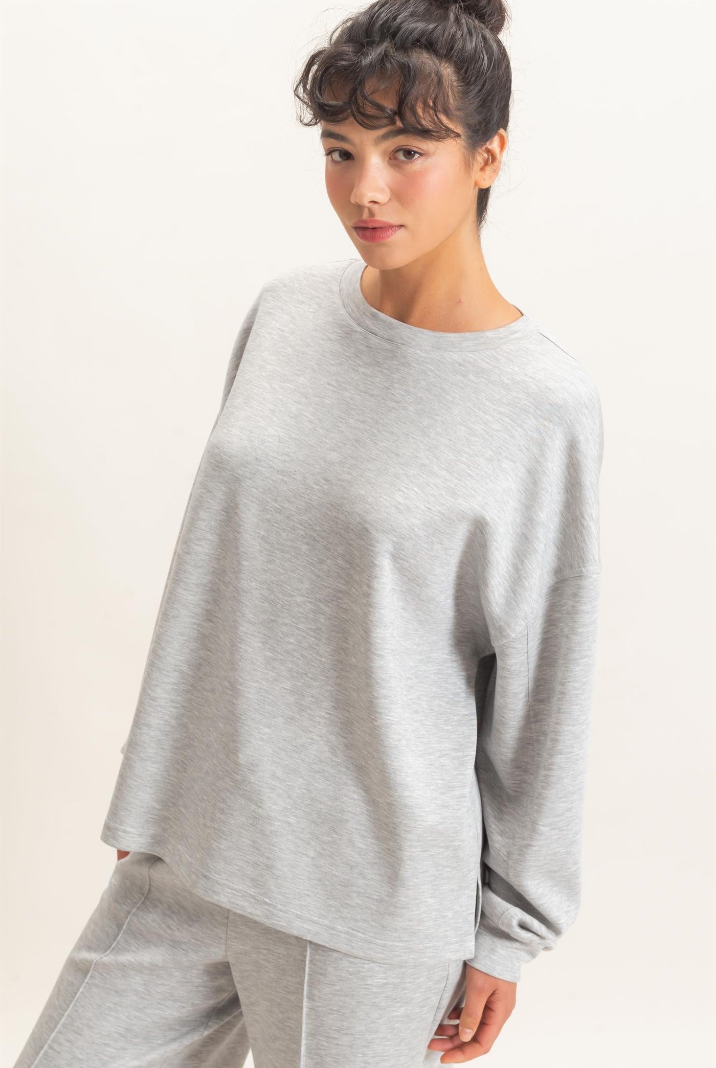 Wholesale Oversized Crew Neck Top Sweatshirts DZ26E388 HEATHER GRAY DOUBLE ZERO