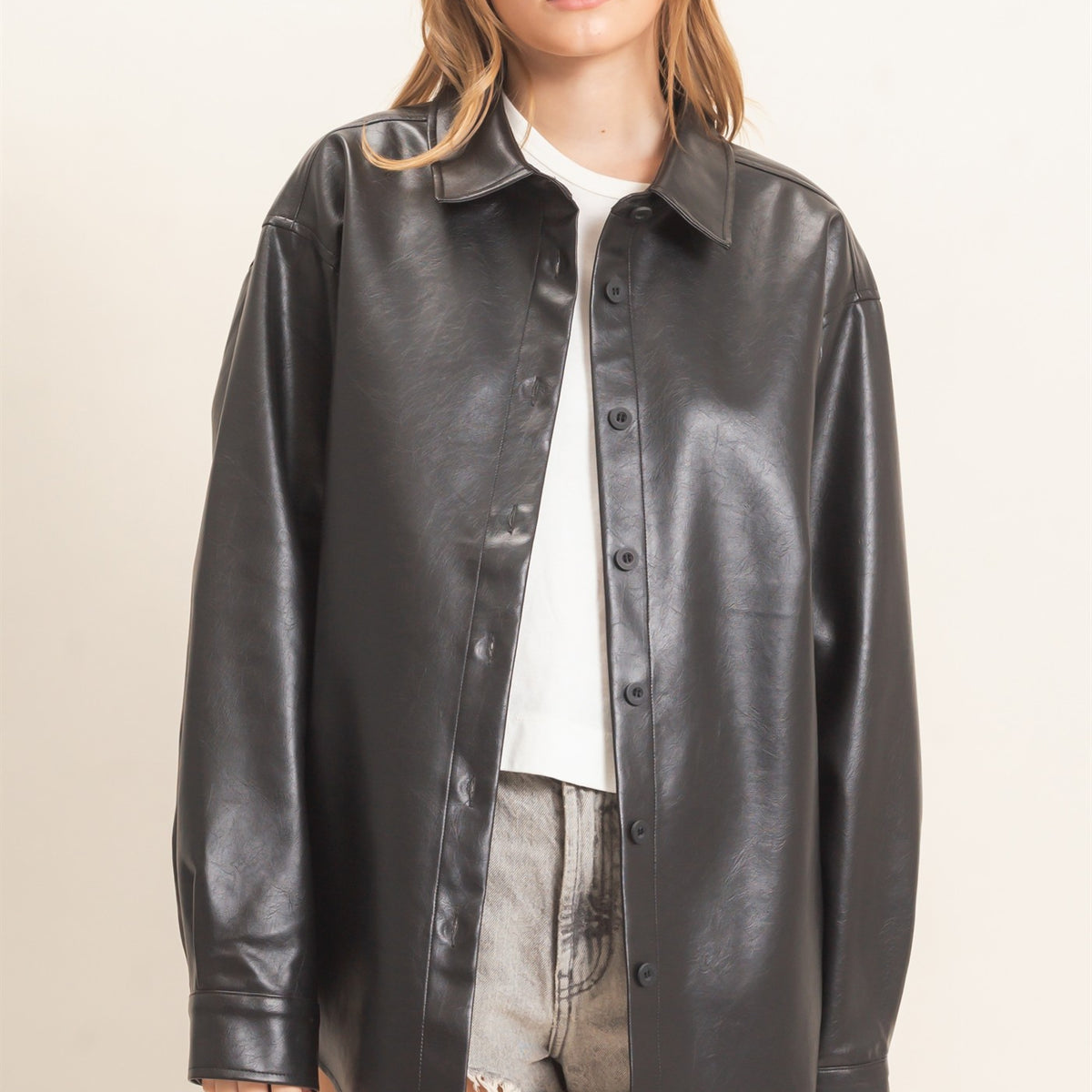 Wholesale Faux Leather Button-Down Shirt Clothing Tops HF26E236 BLACK HYFVE