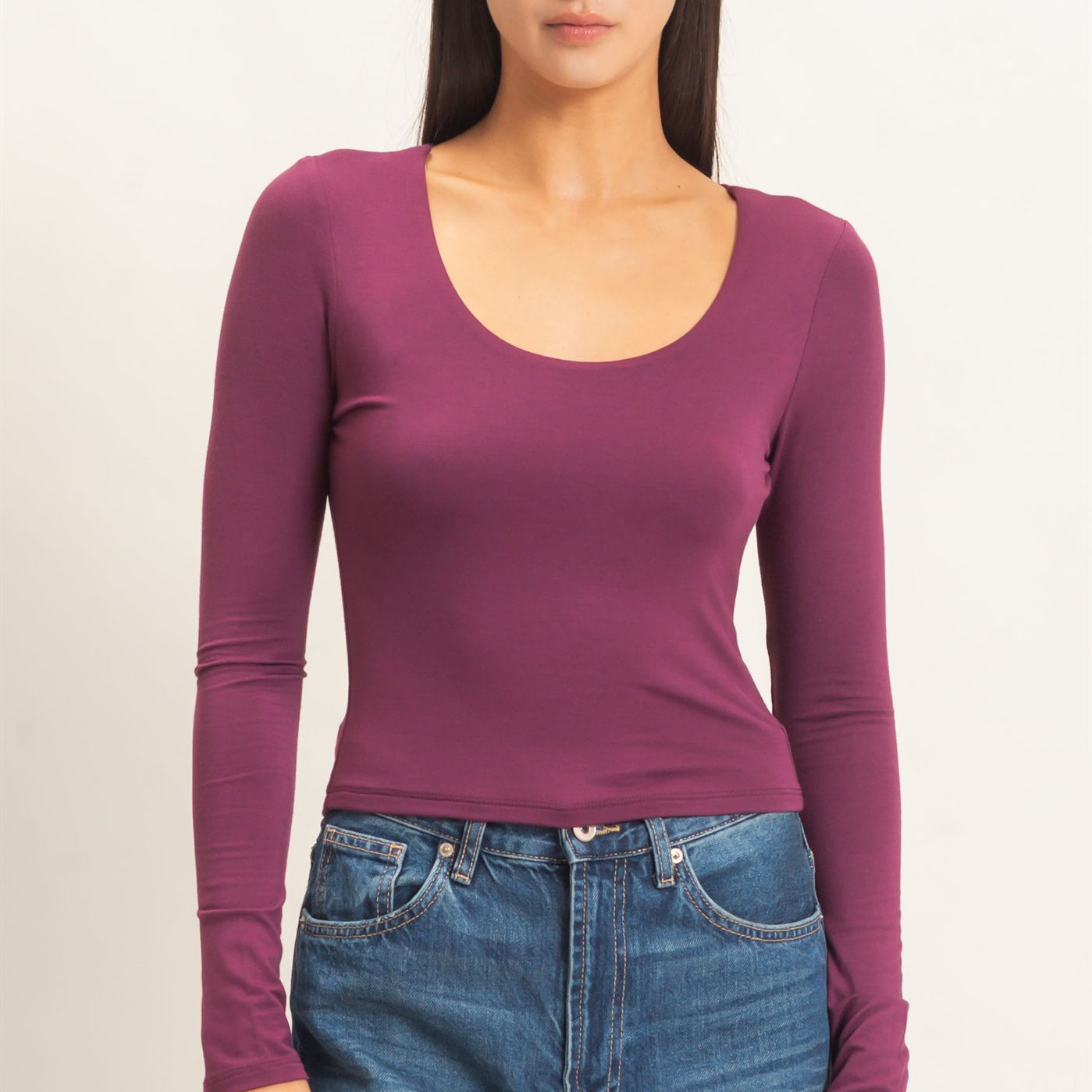 Wholesale Scoop Neck Long Sleeve Top Clothing Tops DZ26E250 DARK CHERRY DOUBLE ZERO