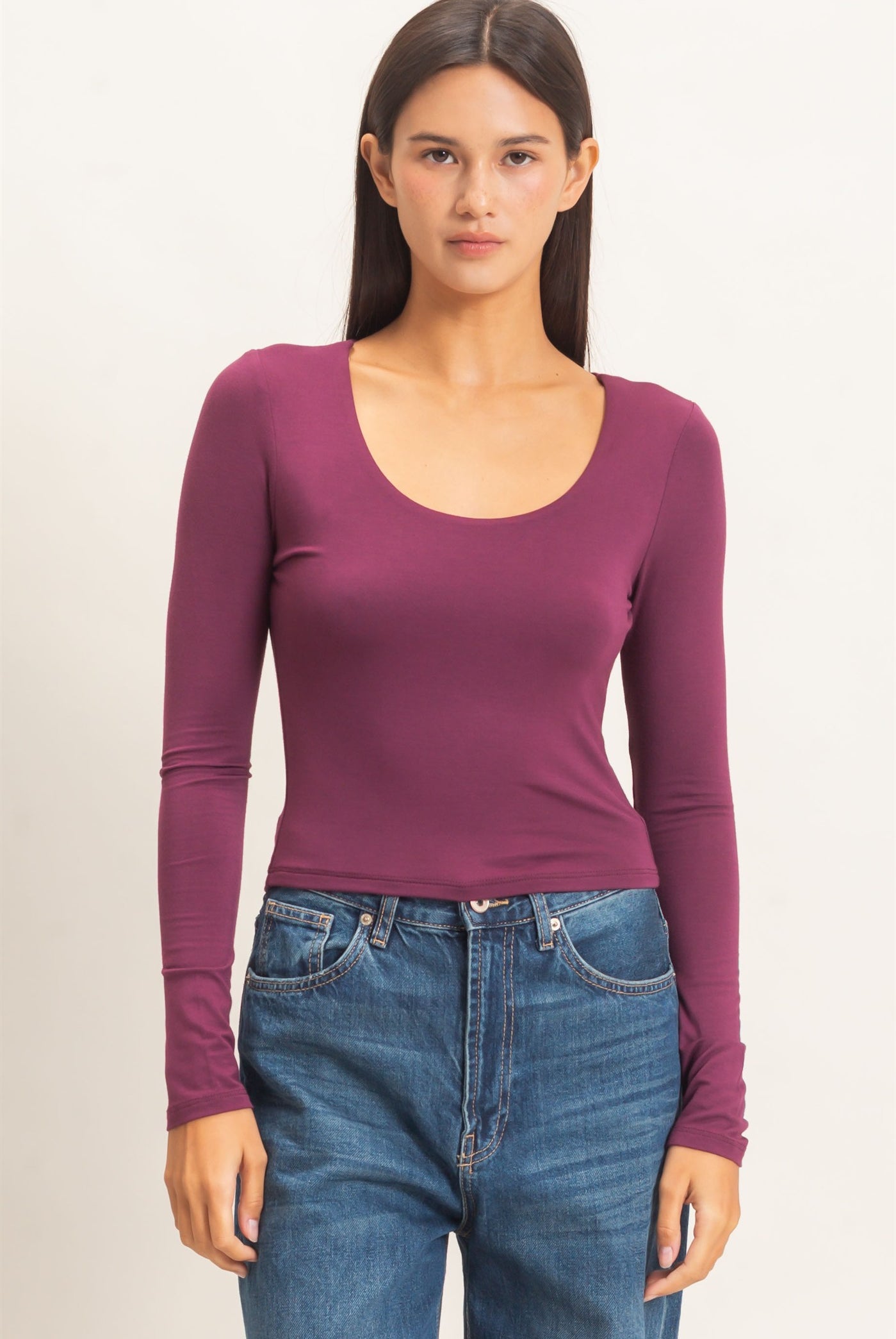 Wholesale Scoop Neck Long Sleeve Top Clothing Tops DZ26E250 DARK CHERRY DOUBLE ZERO