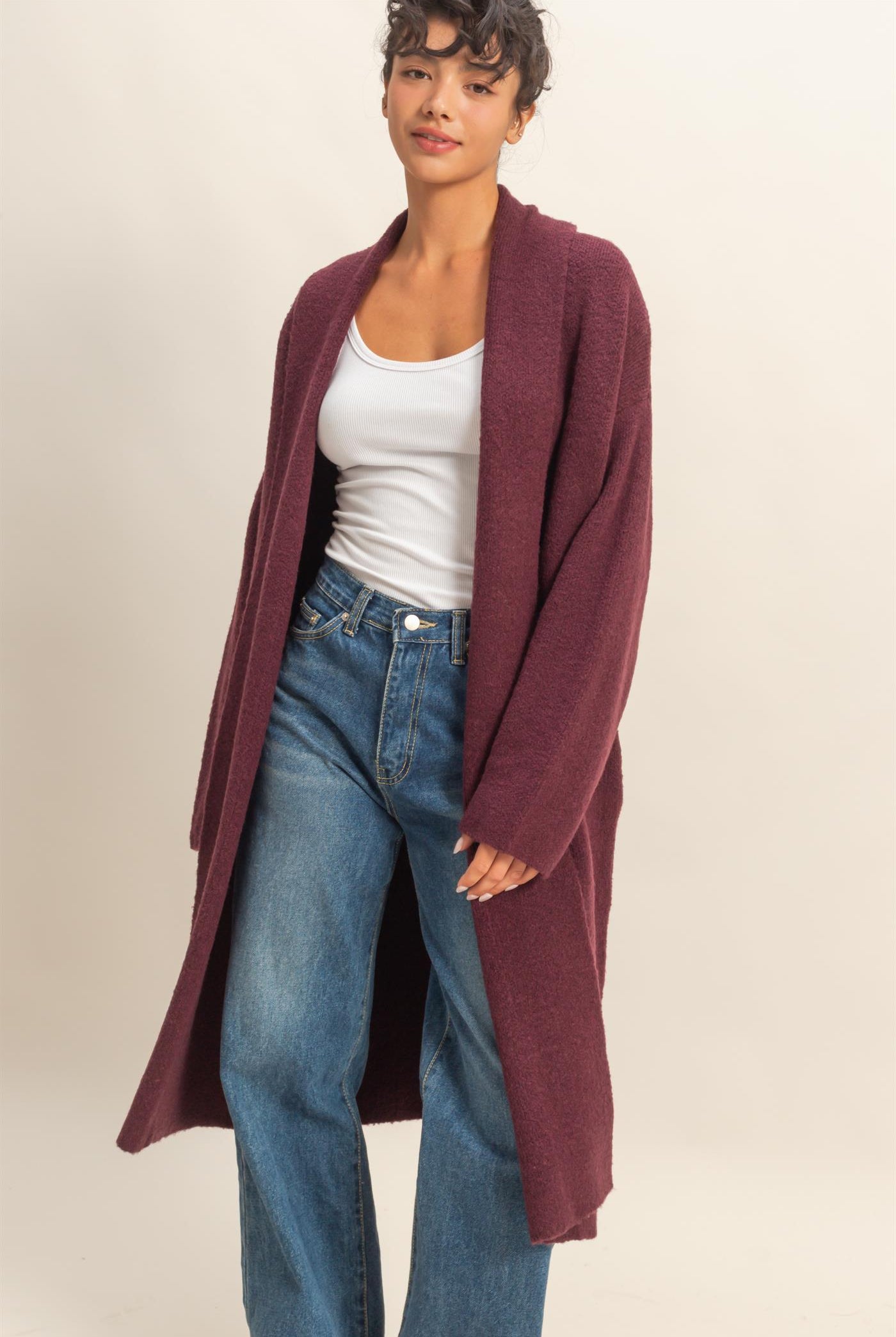 Wholesale Longline Open Front Duster Sweater Cardigans DZ25F435 DARK CHERRY DOUBLE ZERO