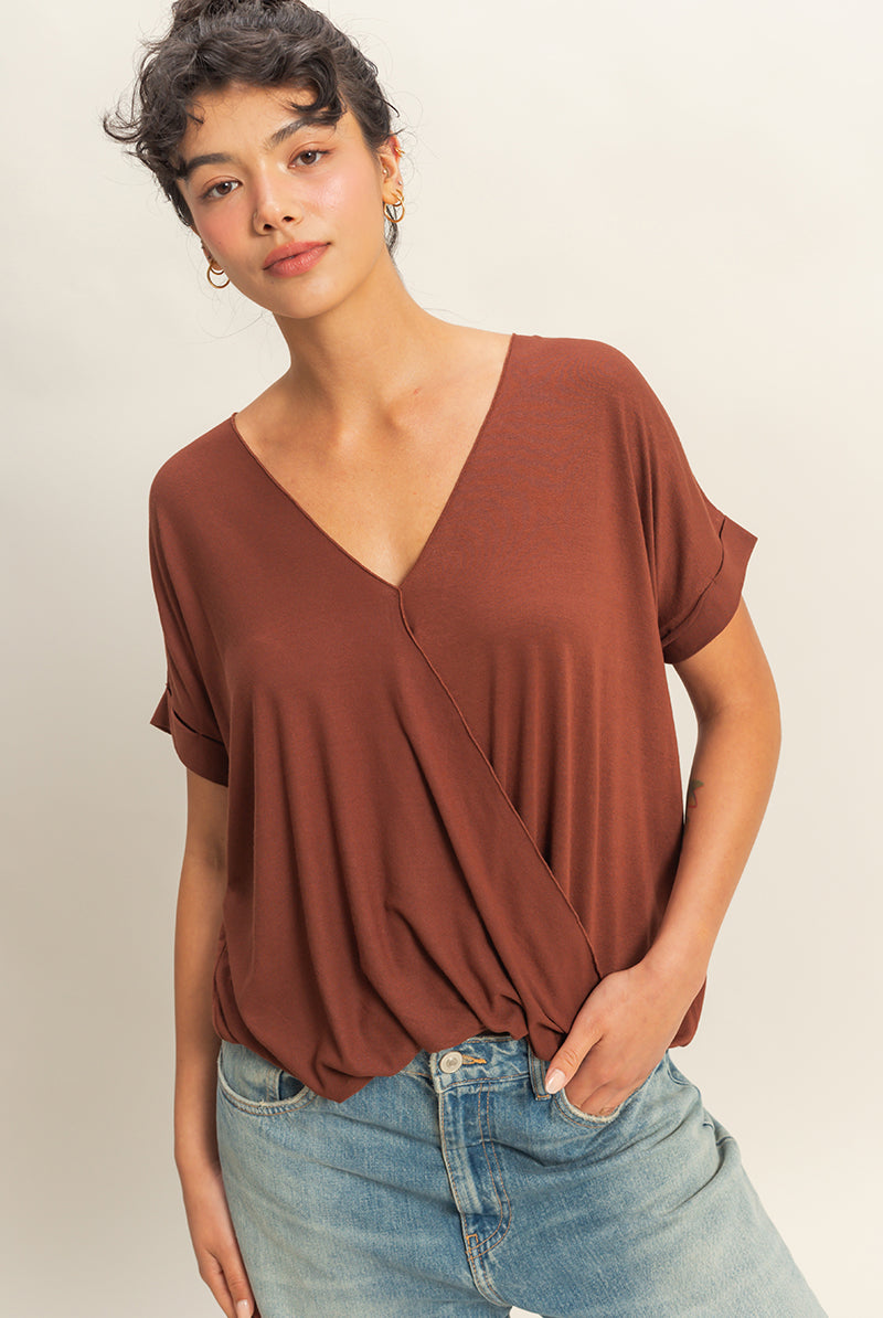 Wholesale V-Neck Oversized Top Clothing Tops DZ22A998 CHOCOLATE DOUBLE ZERO