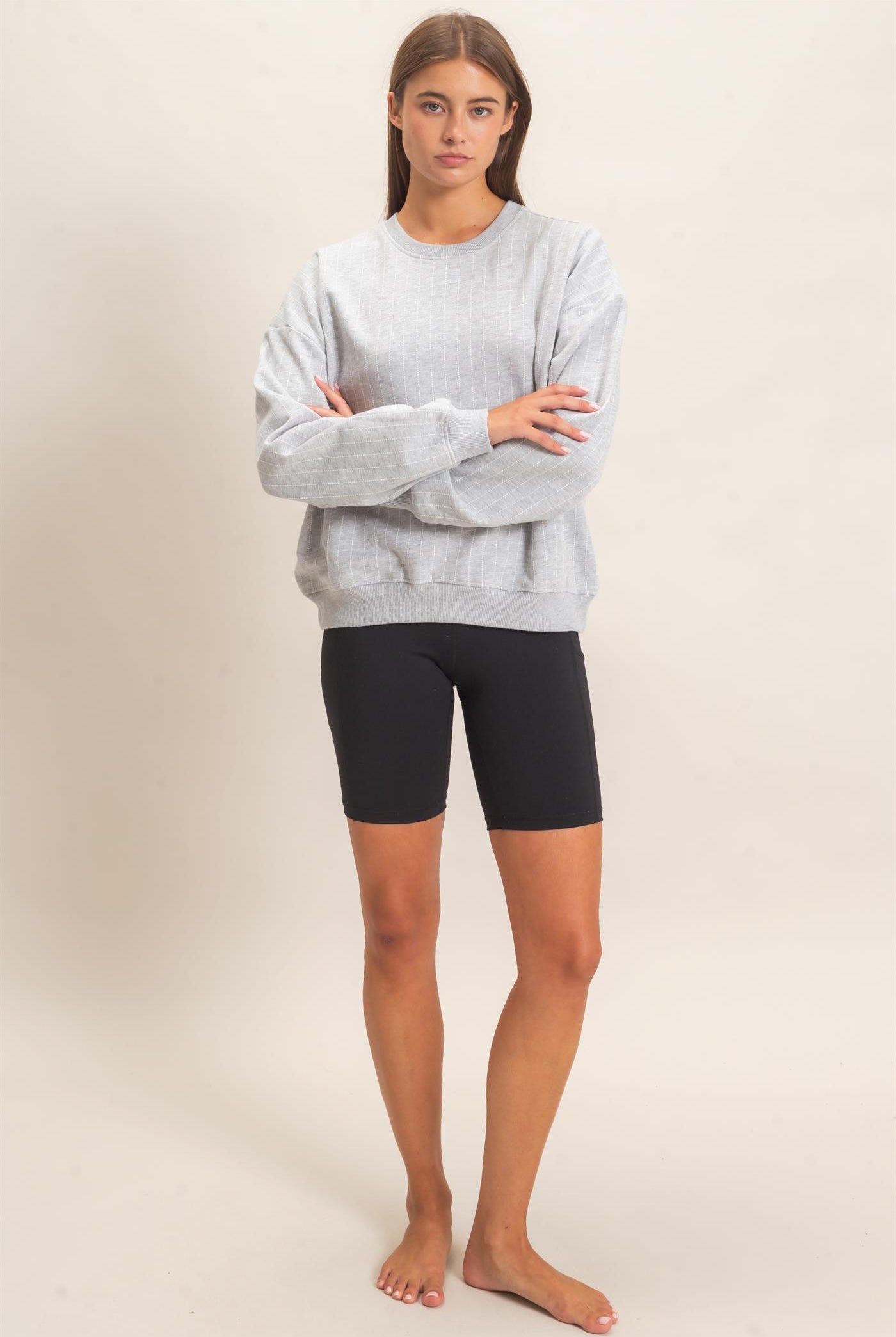 Wholesale Pinstripe Crew Neck Sweatshirt Sweatshirts DZ26E627 HEATHER GRAY DOUBLE ZERO