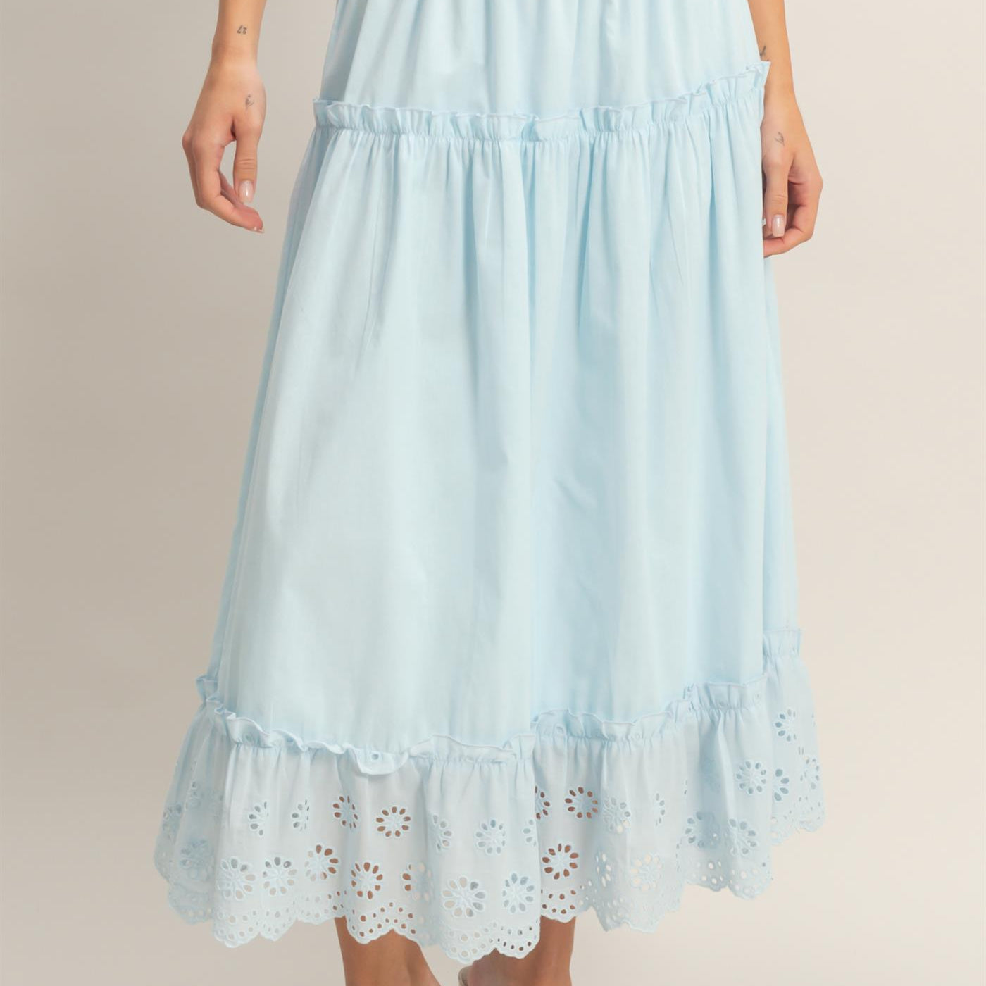 Wholesale Tiered Eyelet Maxi Skirt Skirts HF26C313 LIGHT BLUE HYFVE