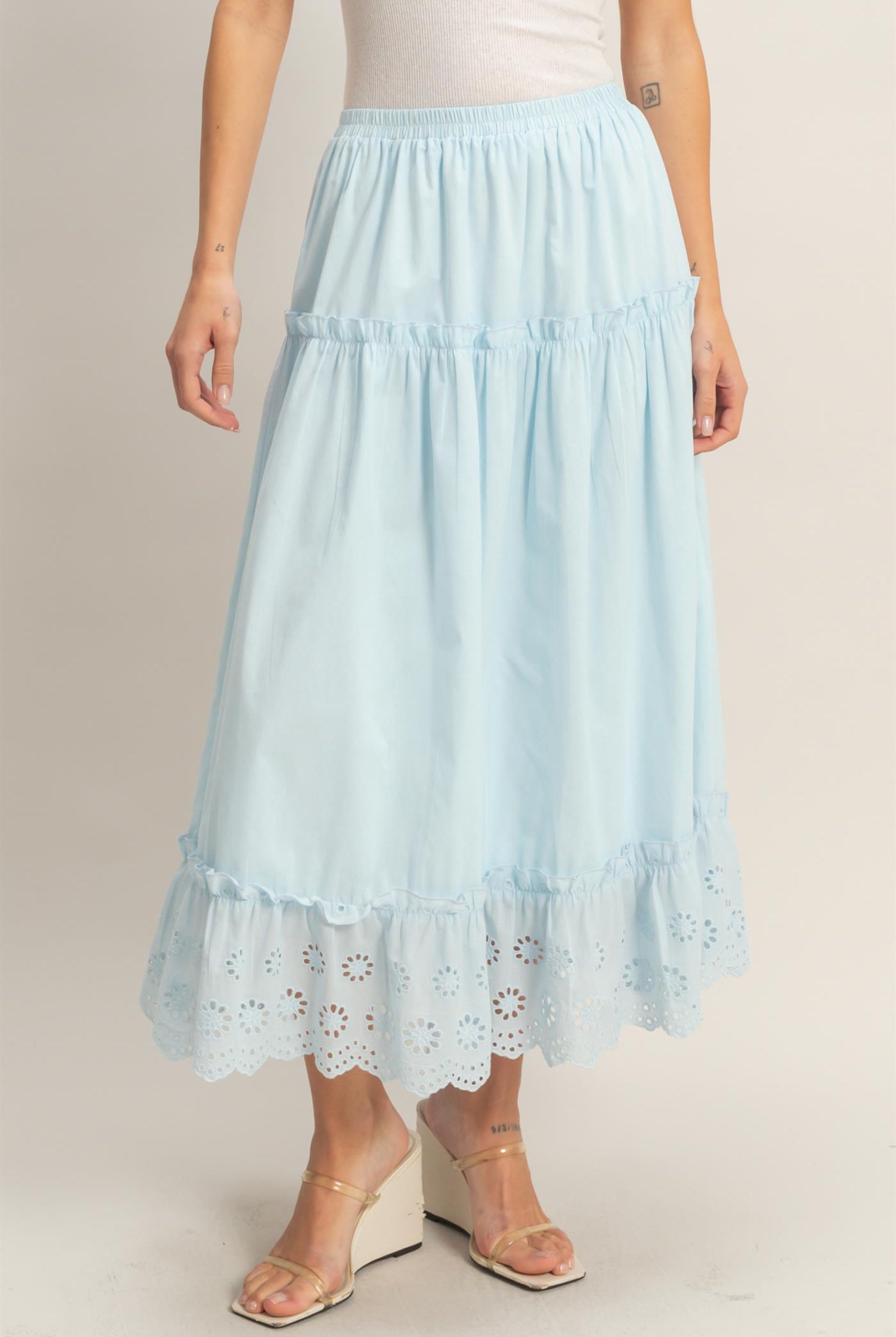 Wholesale Tiered Eyelet Maxi Skirt Skirts HF26C313 LIGHT BLUE HYFVE