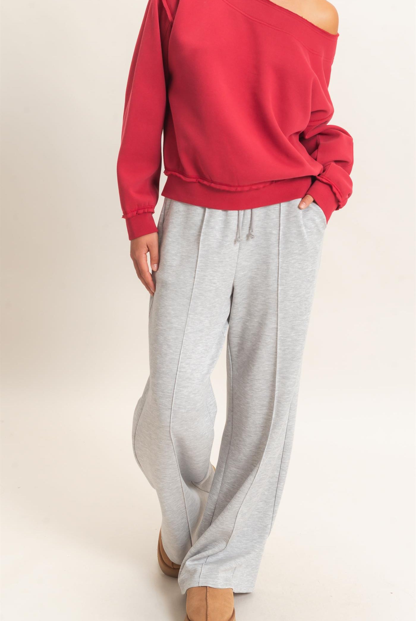 Wholesale Drawstring Waist Pintuck Wide Leg Pants Pants DZ26E384 HEATHER GRAY HYFVE