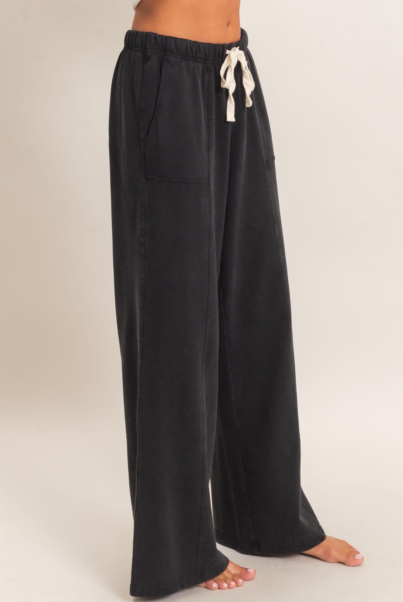 Wholesale Acid Wash Drawstring Waist Wide Leg Pants Pants DZ25A685 BLACK DOUBLE ZERO