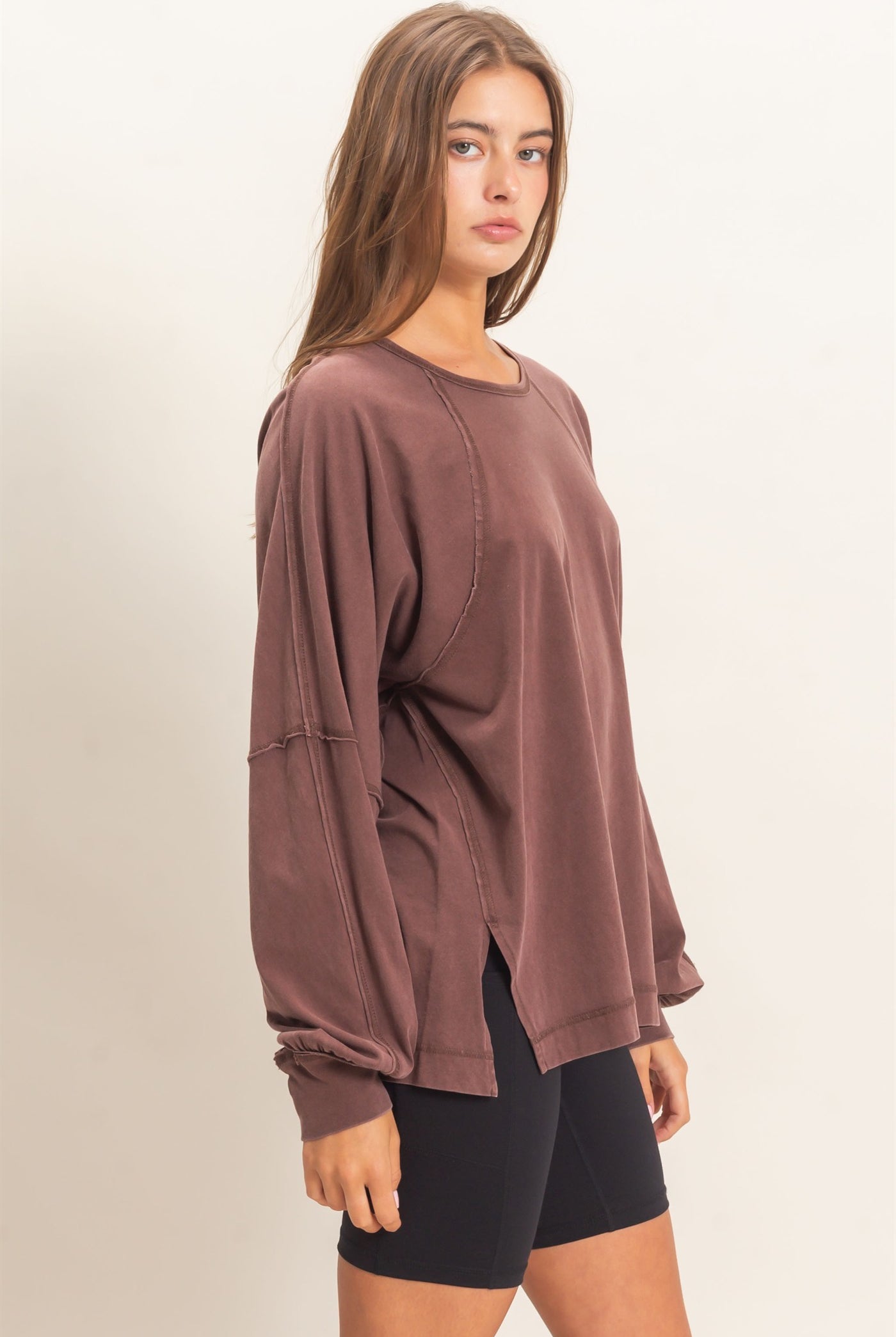 Wholesale Raglan Sleeve Snow Wash Top Shirts DZ26E945 DARK BROWN DOUBLE ZERO