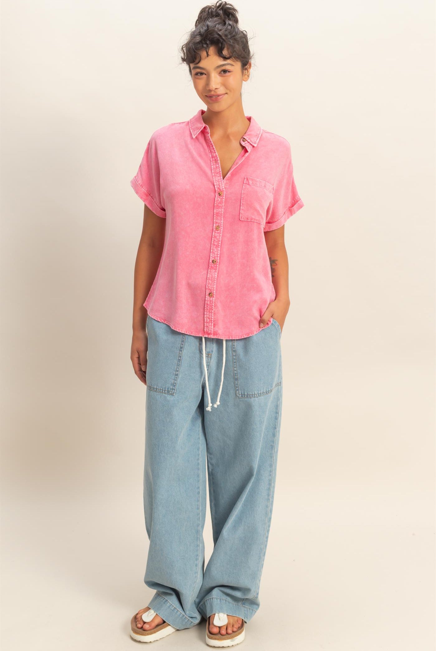Wholesale Mineral Wash Button-Up Dolman Sleeve Shirt Shirts DZ26C132 TAFFY PINK DOUBLE ZERO