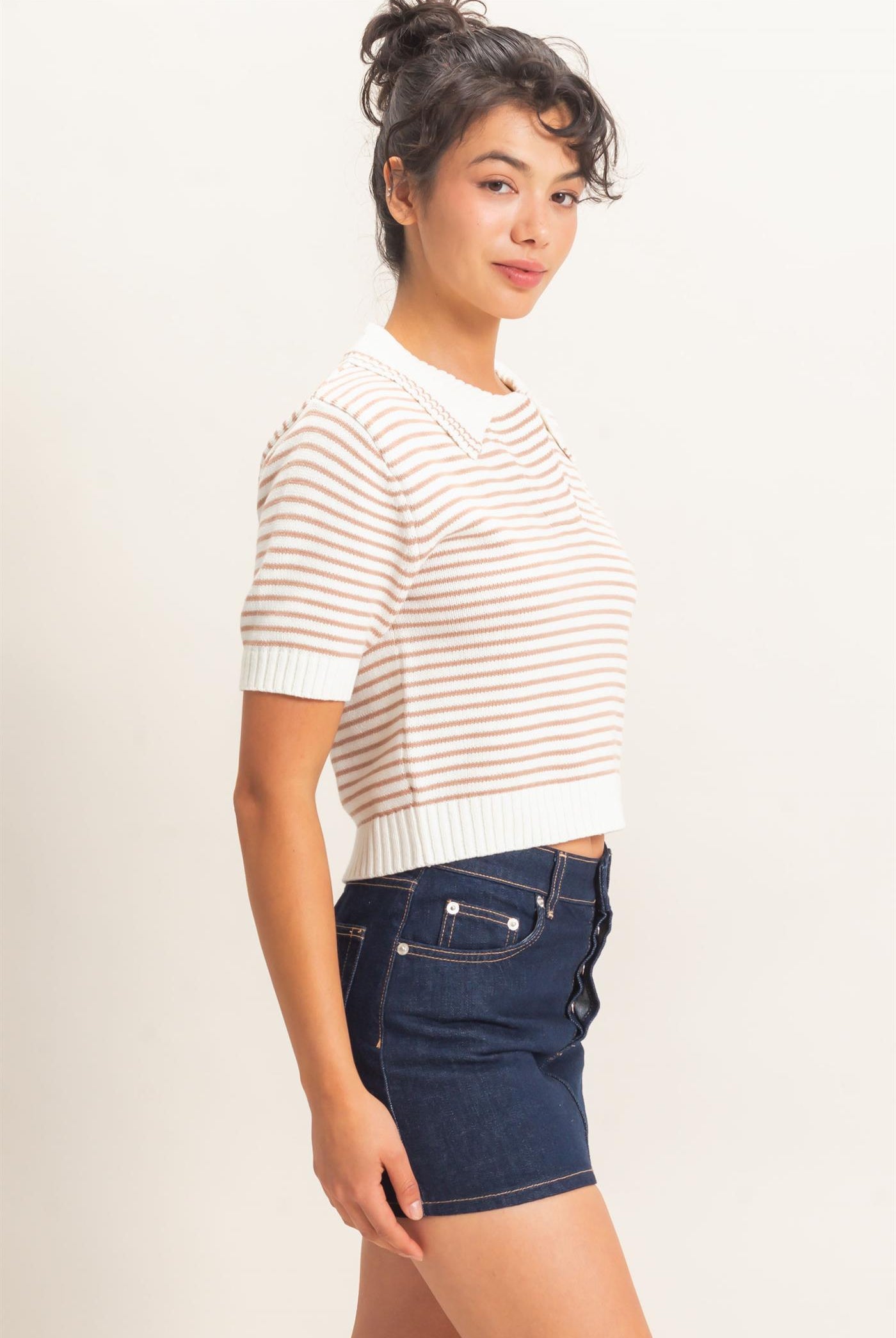 Wholesale Striped Short Sleeve Collar Knit Top Clothing Tops DZ26E261 DARK TAUPE DOUBLE ZERO