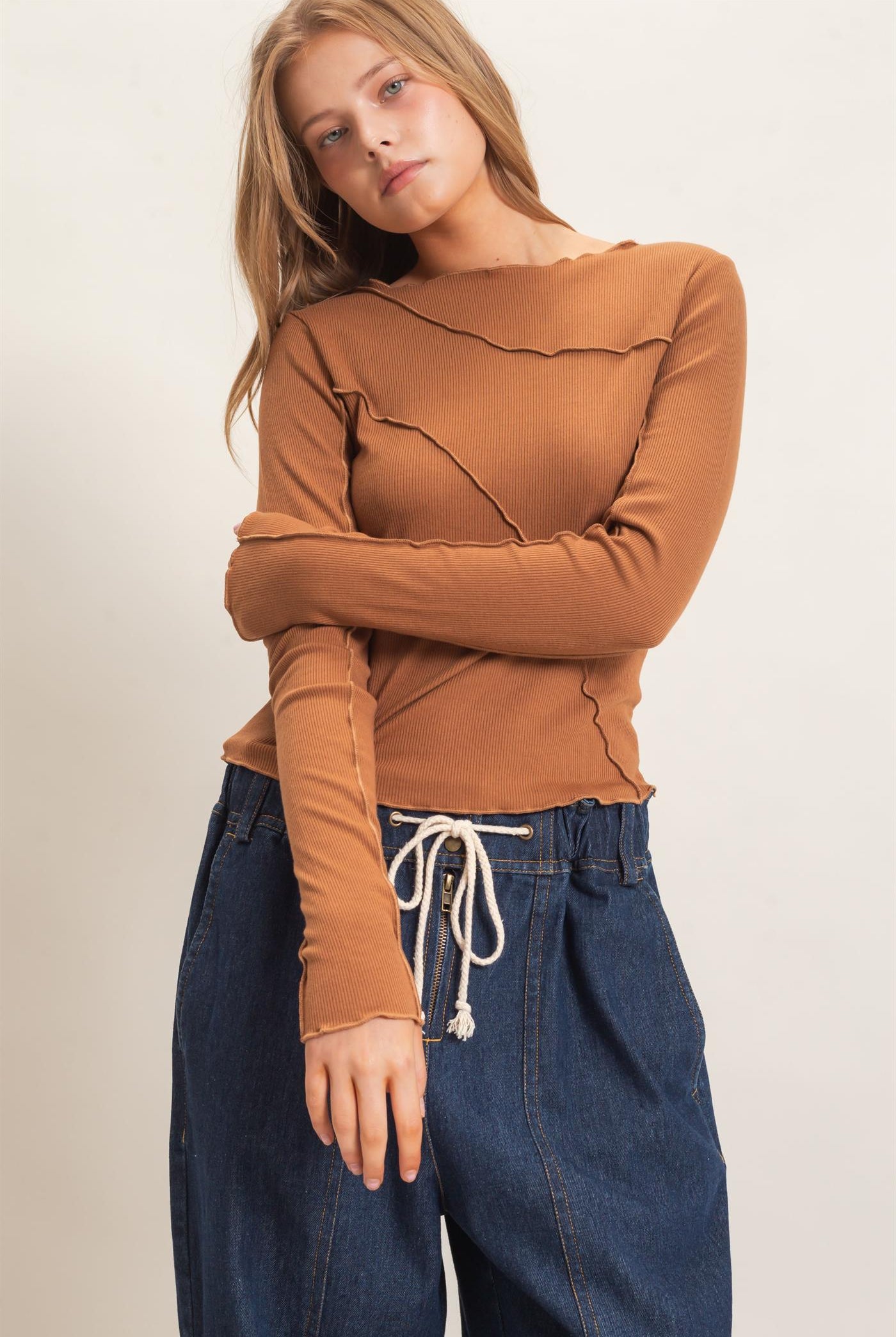 Wholesale Ruffled Ribbed Long Sleeve Top Clothing Tops HF26F085 BROWN HYFVE