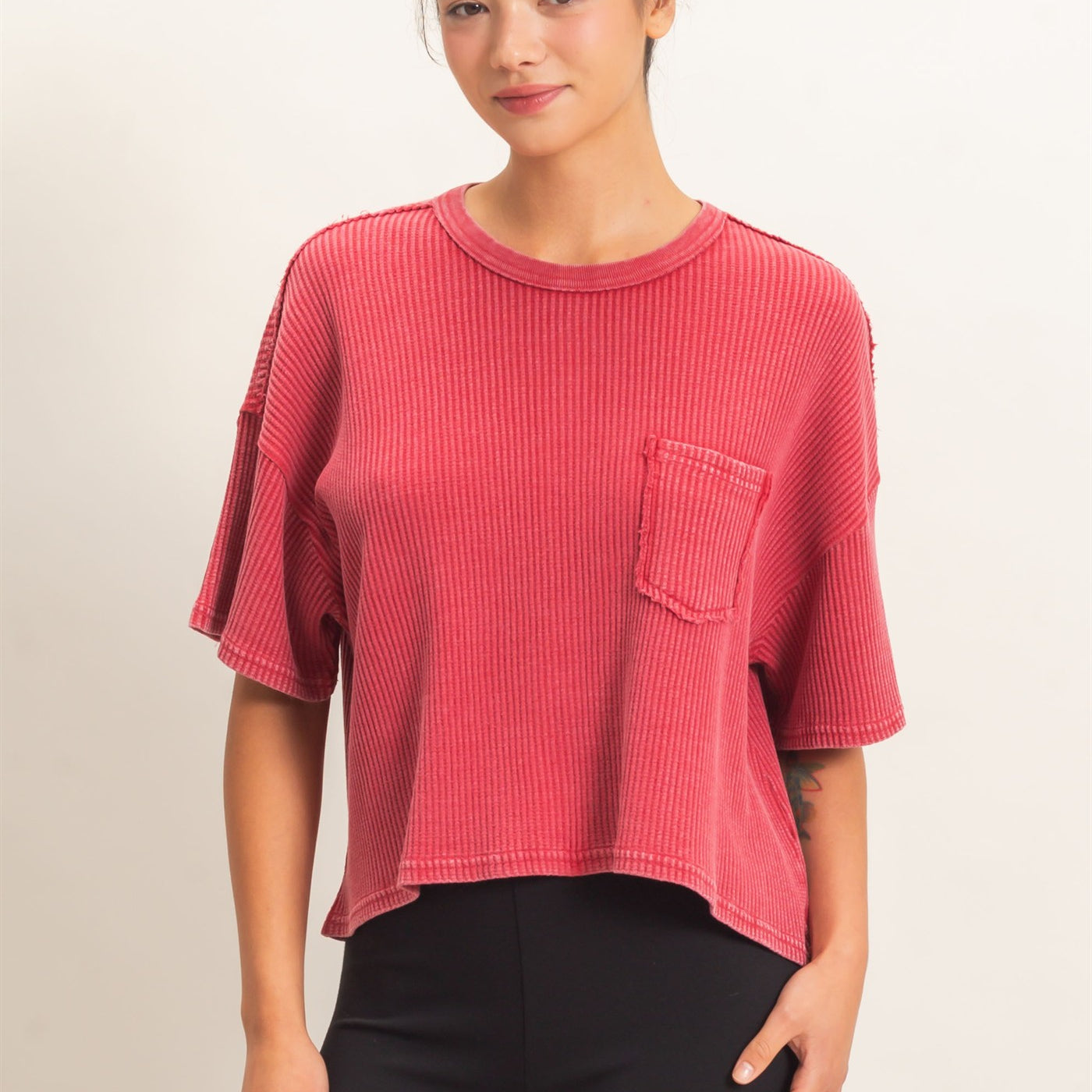 Wholesale Mineral Wash Waffle Knit Pocket Top Clothing Tops DZ26E222 DARK RED DOUBLE ZERO