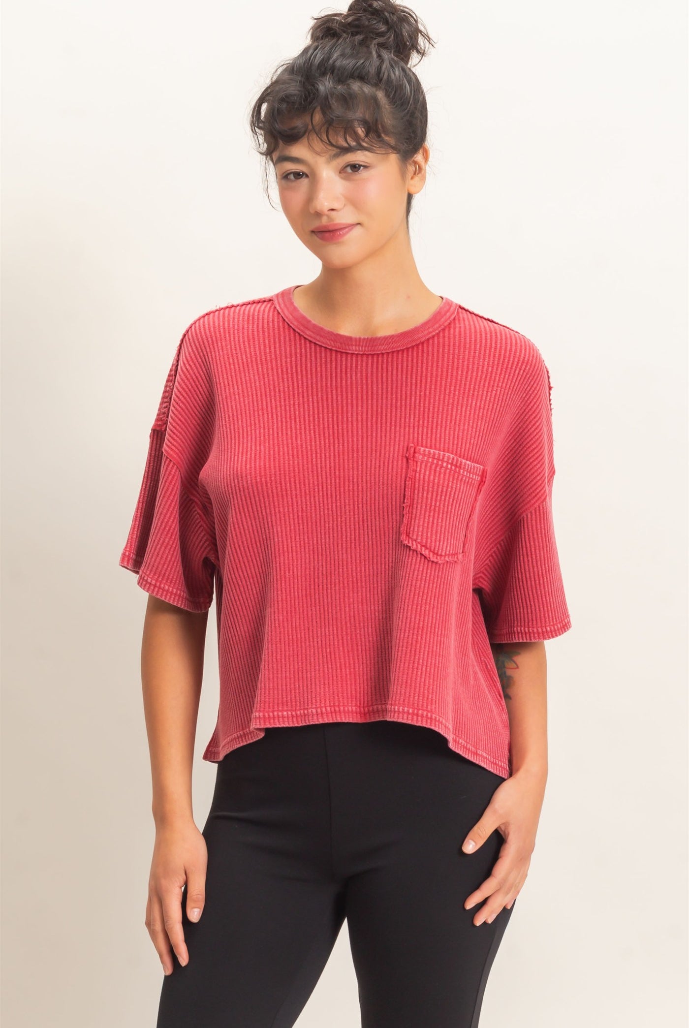 Wholesale Mineral Wash Waffle Knit Pocket Top Clothing Tops DZ26E222 DARK RED DOUBLE ZERO