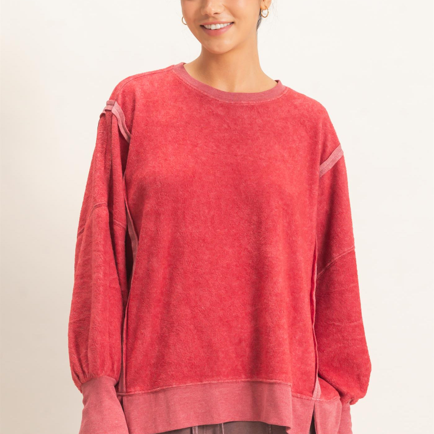 Wholesale Oversized Raw Edge Crew Neck Sweatshirt Sweatshirts DZ26E273 DARK RED DOUBLE ZERO