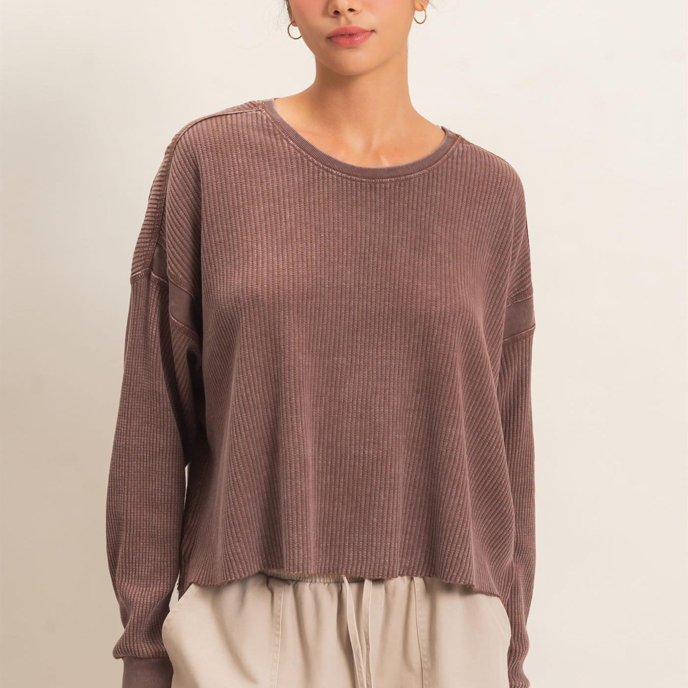 Wholesale Mineral Wash Waffle Open Back Top Clothing Tops DZ26C964 DARK BROWN DOUBLE ZERO