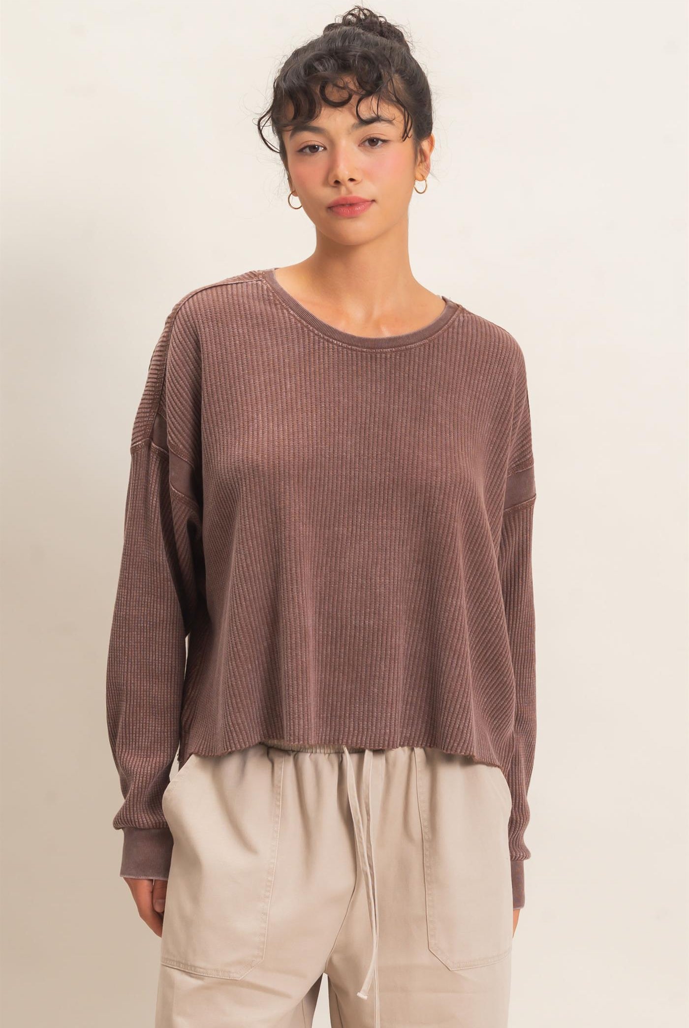 Wholesale Mineral Wash Waffle Open Back Top Clothing Tops DZ26C964 DARK BROWN DOUBLE ZERO