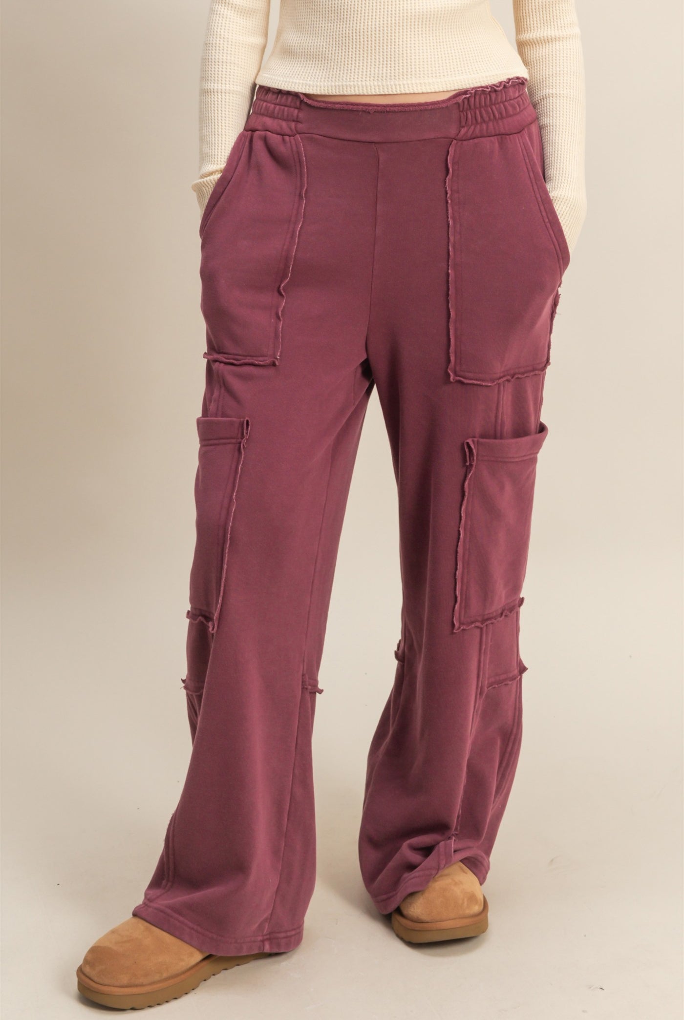 Wholesale Mineral Wash Oversized Utility Sweatpants Sweatpants DZ25C903 DARK CHERRY DOUBLE ZERO