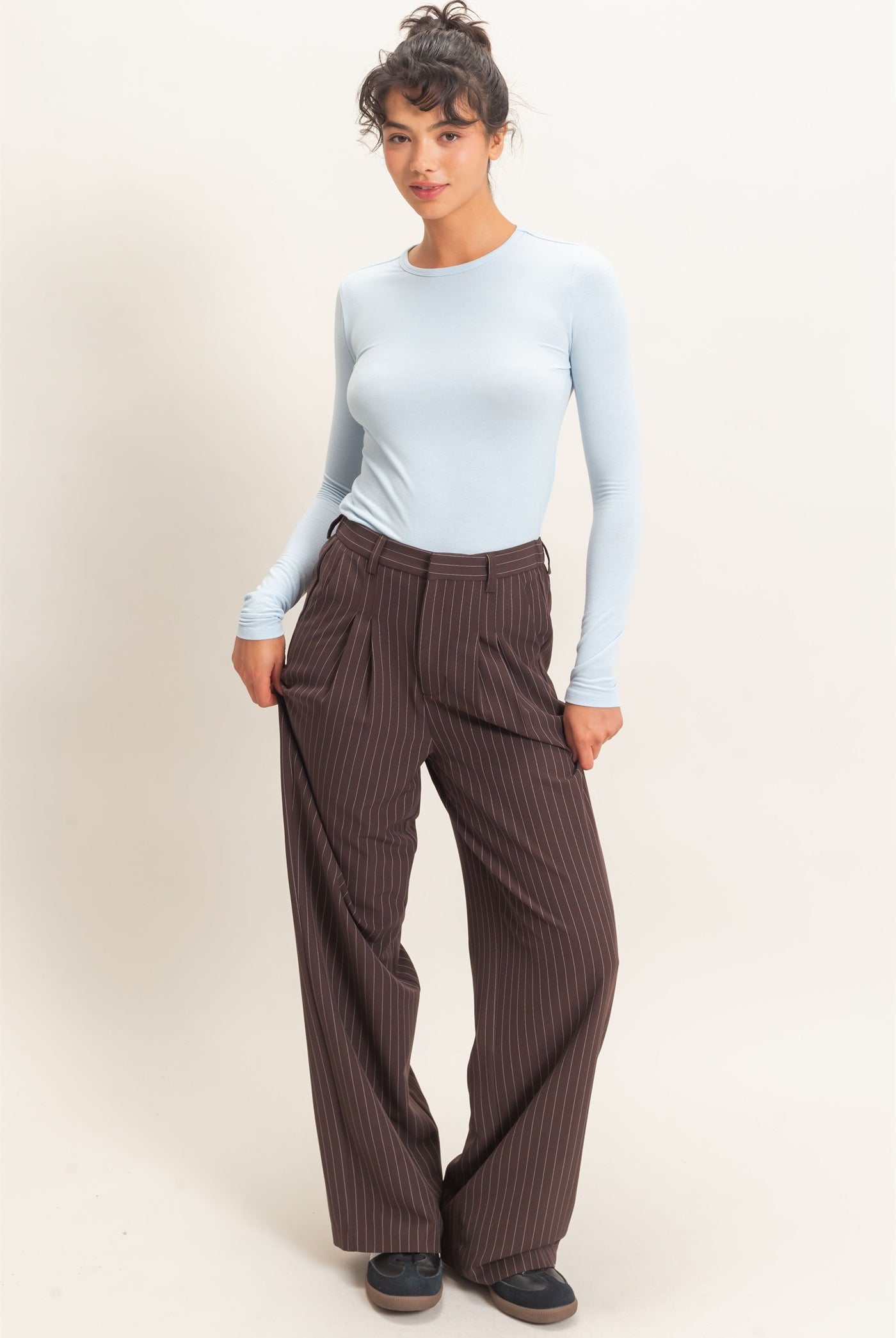 Wholesale Pinstripe Wide-Leg Trousers Pants DZ26E426 DARK BROWN DOUBLE ZERO