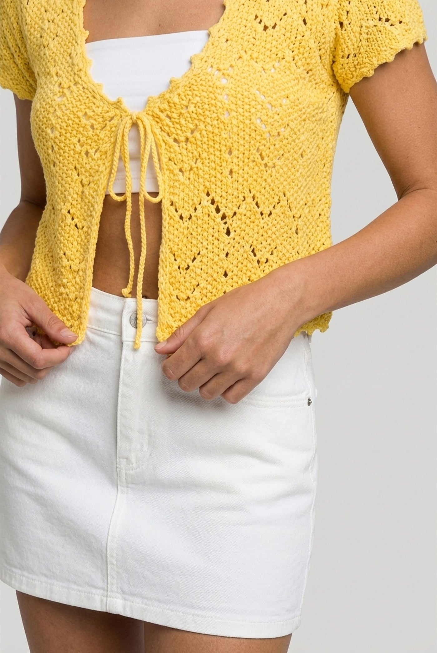 Wholesale Pointelle Tie Front Knit Cardigan Clothing Tops DZ24C268 PINEAPPLE DOUBLE ZERO