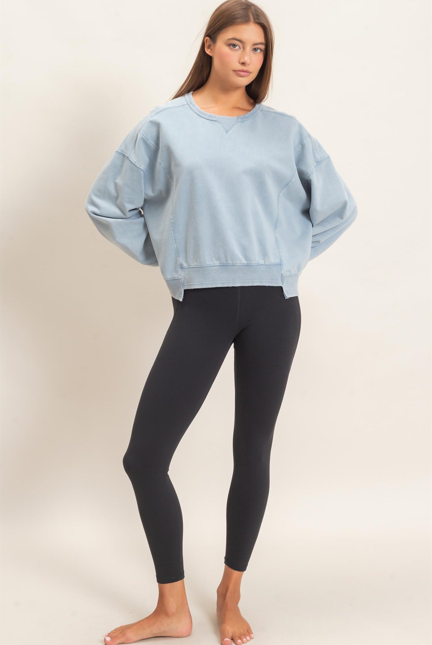 Wholesale Acid Wash Seam Detail Crew Neck Sweatshirt Sweatshirts DZ26E260 DUSTY BLUE DOUBLE ZERO