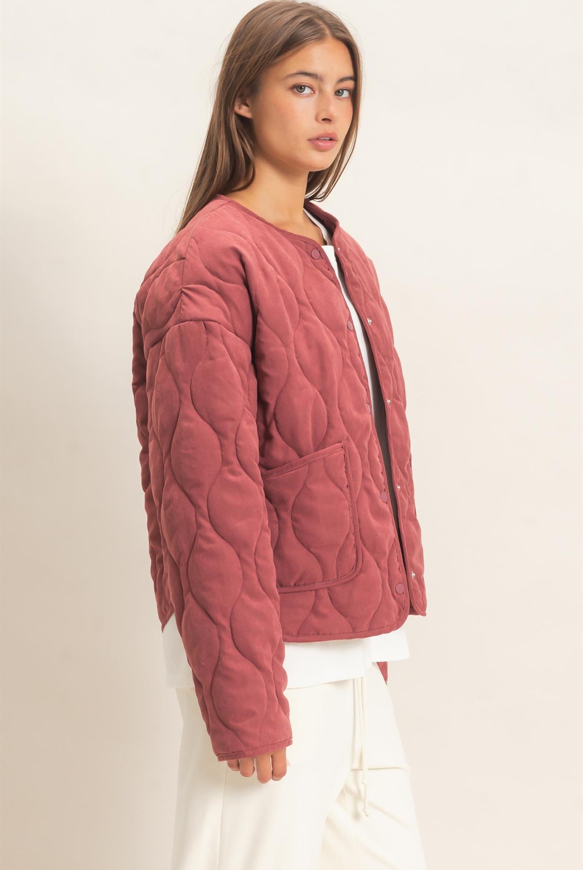 Wholesale Quilted Button Front Jacket Coats & Jackets DZ26F254 BURGUNDY DOUBLE ZERO