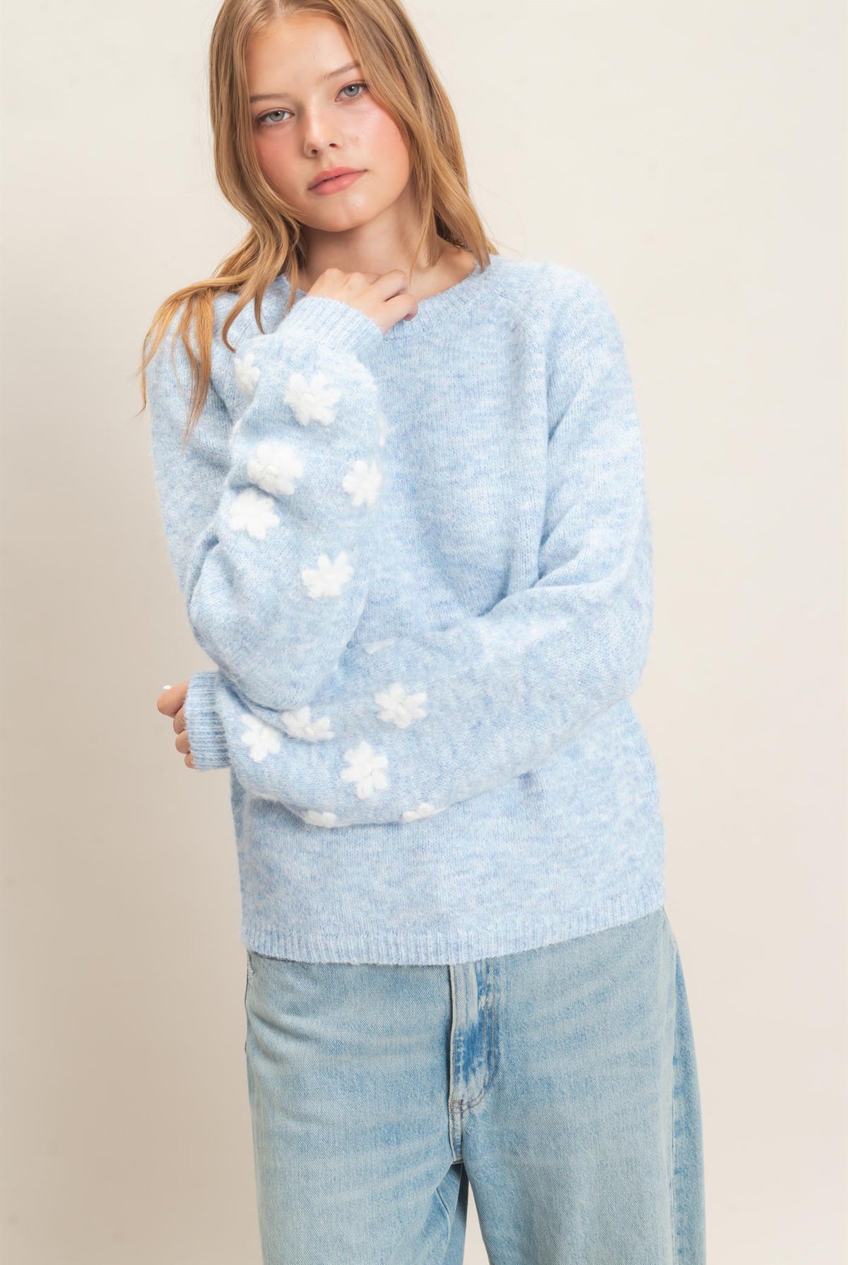 Wholesale Floral Applique Raglan Sleeve Sweater Sweaters HF26E808 MISTY BLUE HYFVE