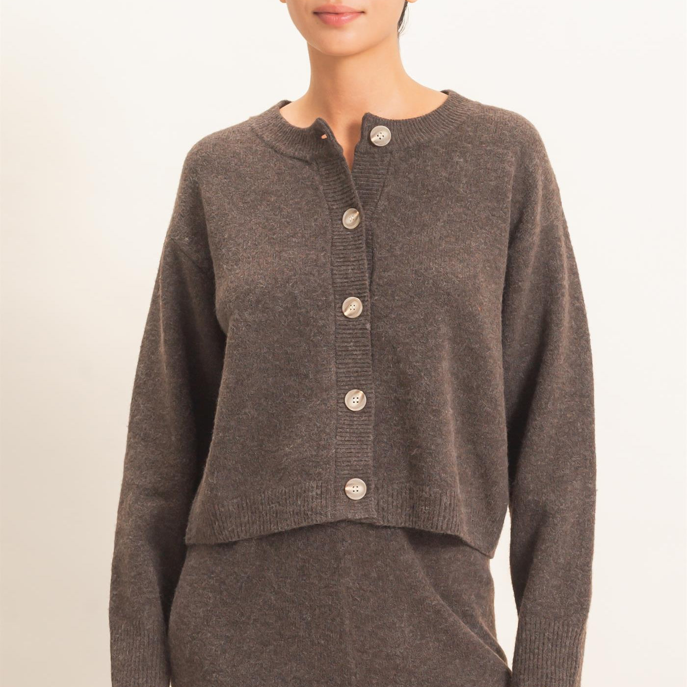 Wholesale Crew Neck Button Front Cardigan Cardigans DZ26E639 DARK BROWN DOUBLE ZERO