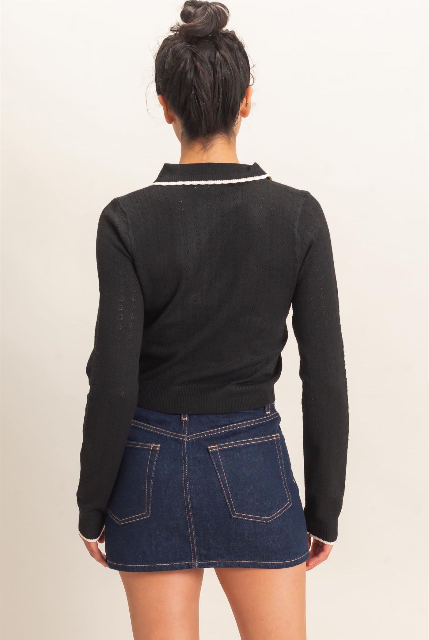 Wholesale Collared Pointelle Knit Cardigan Sweaters DZ26E101 BLACK DOUBLE ZERO