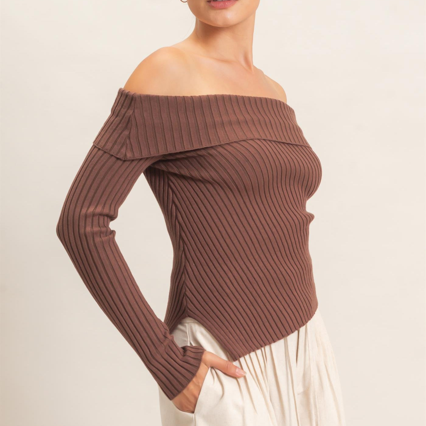 Wholesale Ribbed Off-Shoulder Sweater Sweaters HF26E937 BROWN HYFVE