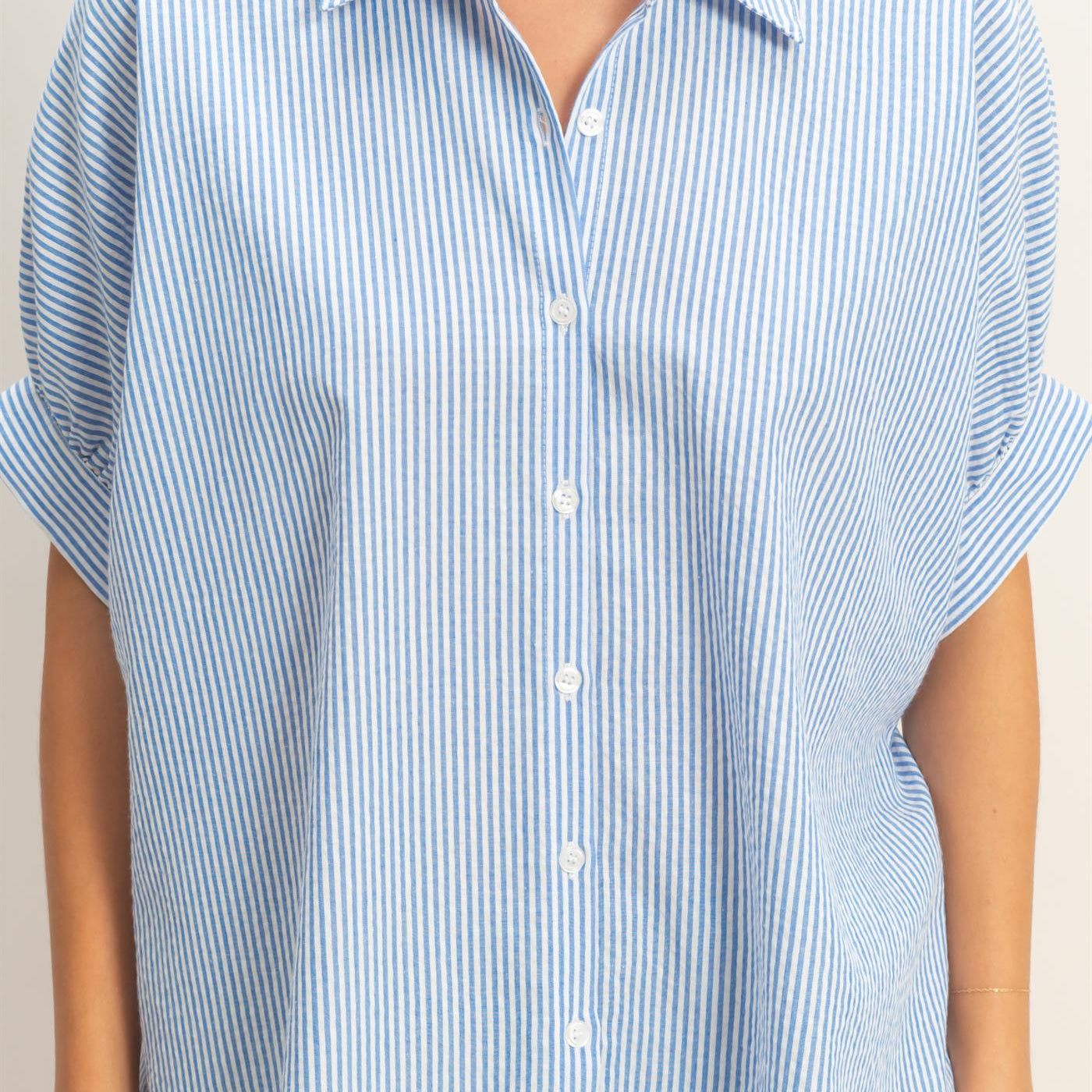 Wholesale Striped Short Sleeve Button-Front Blouse T-Shirts DZ26C276 BLUE DOUBLE ZERO