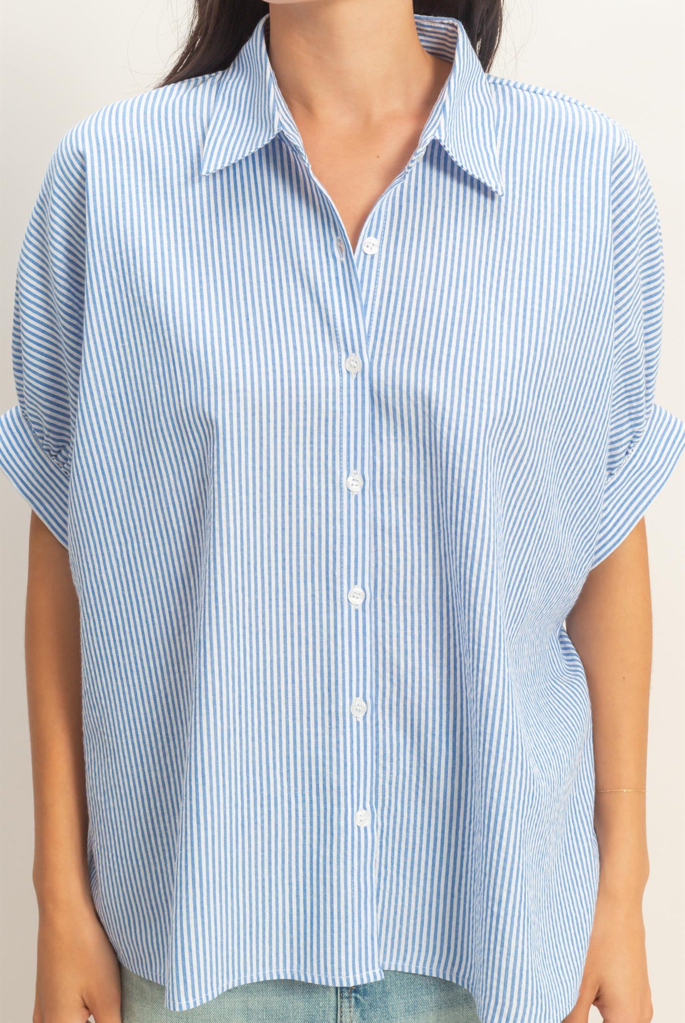 Wholesale Striped Short Sleeve Button-Front Blouse T-Shirts DZ26C276 BLUE DOUBLE ZERO