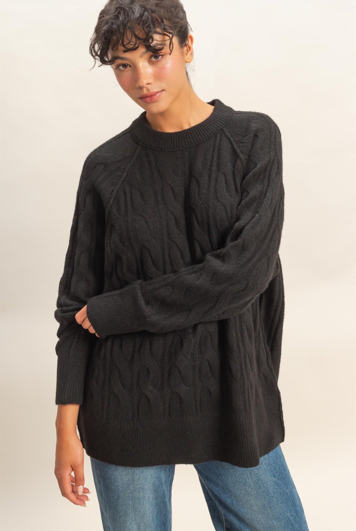 Wholesale Crew Neck Cable Knit Sweater Pullover Sweaters DZ25E957 BLACK HYFVE