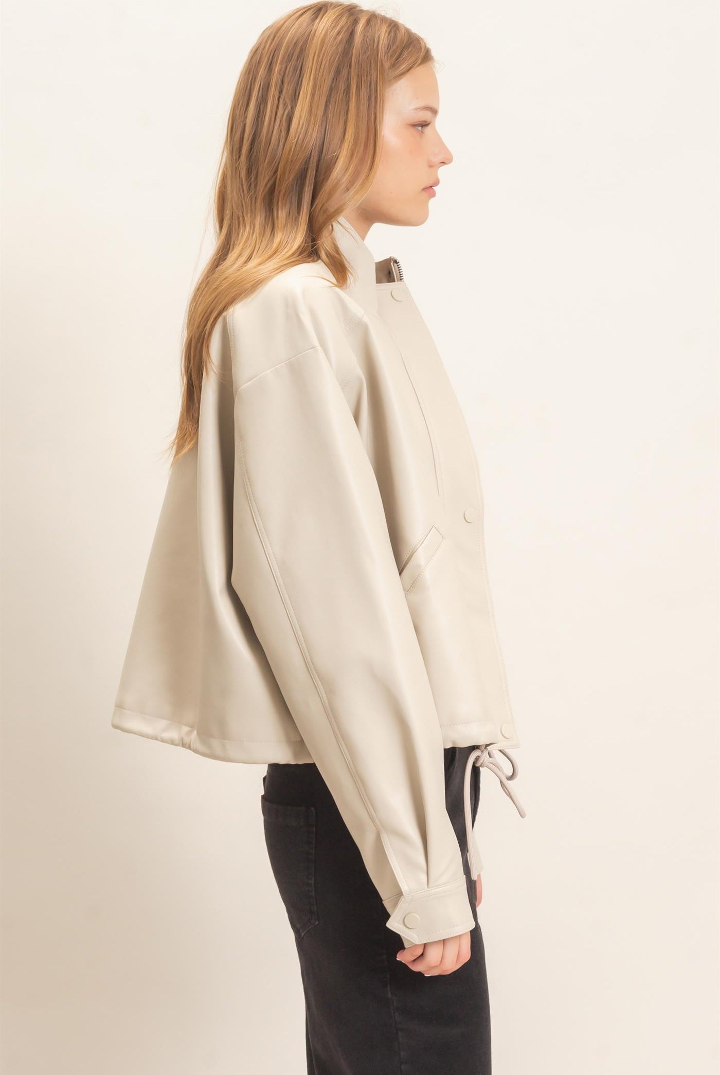 Wholesale Faux Leather Jacket With Stand Collar Bomber Jackets HF25F452 OATMEAL HYFVE