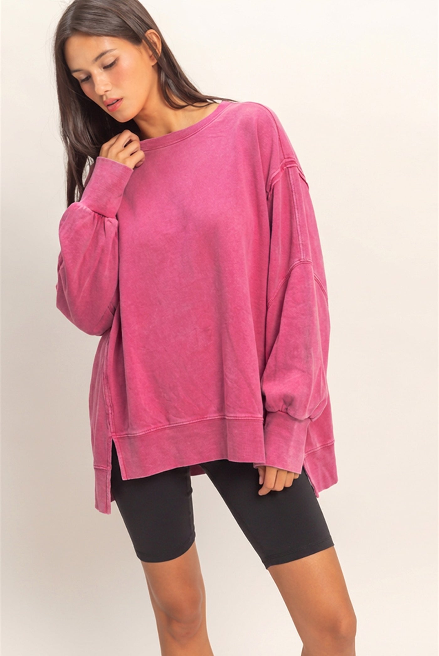 Wholesale Oversized Seam Detail Long Sleeve Top Sweatshirts DZ26C774 FUCHSIA DOUBLE ZERO