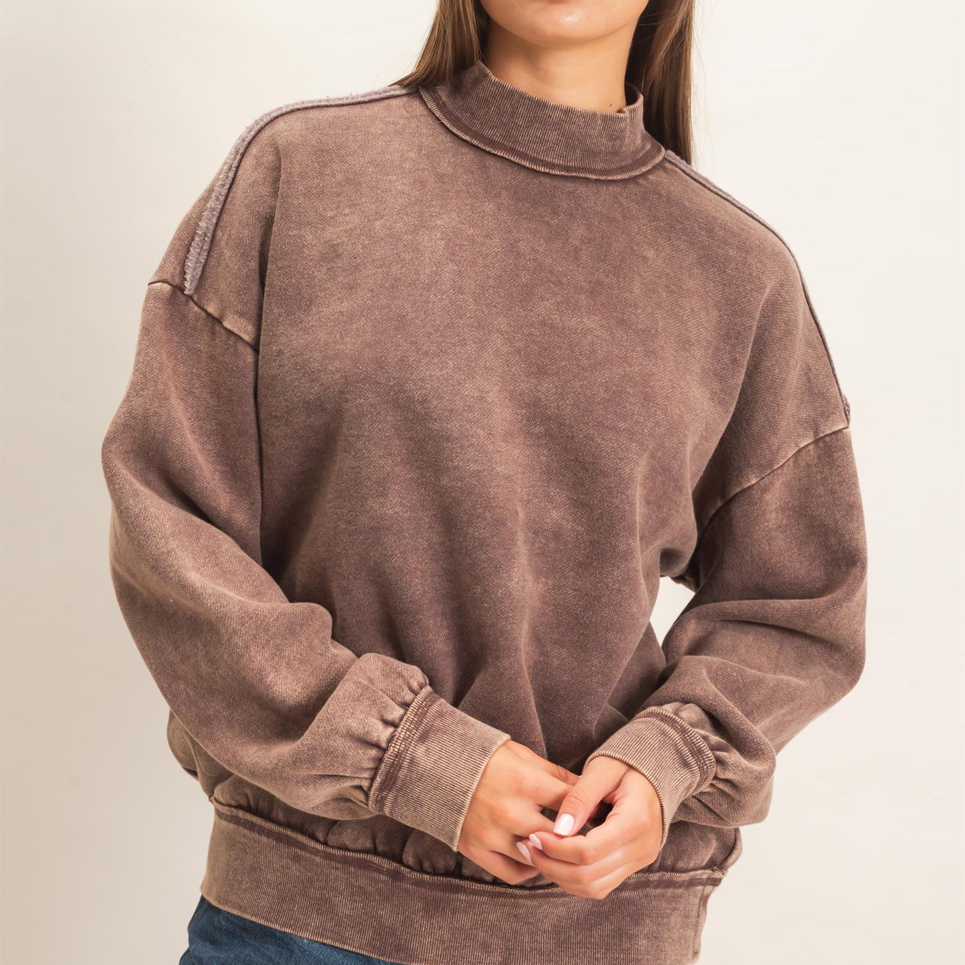 Wholesale Acid Washed Mock Neck Sweatshirt Sweatshirts DZ26E656 DARK BROWN DOUBLE ZERO