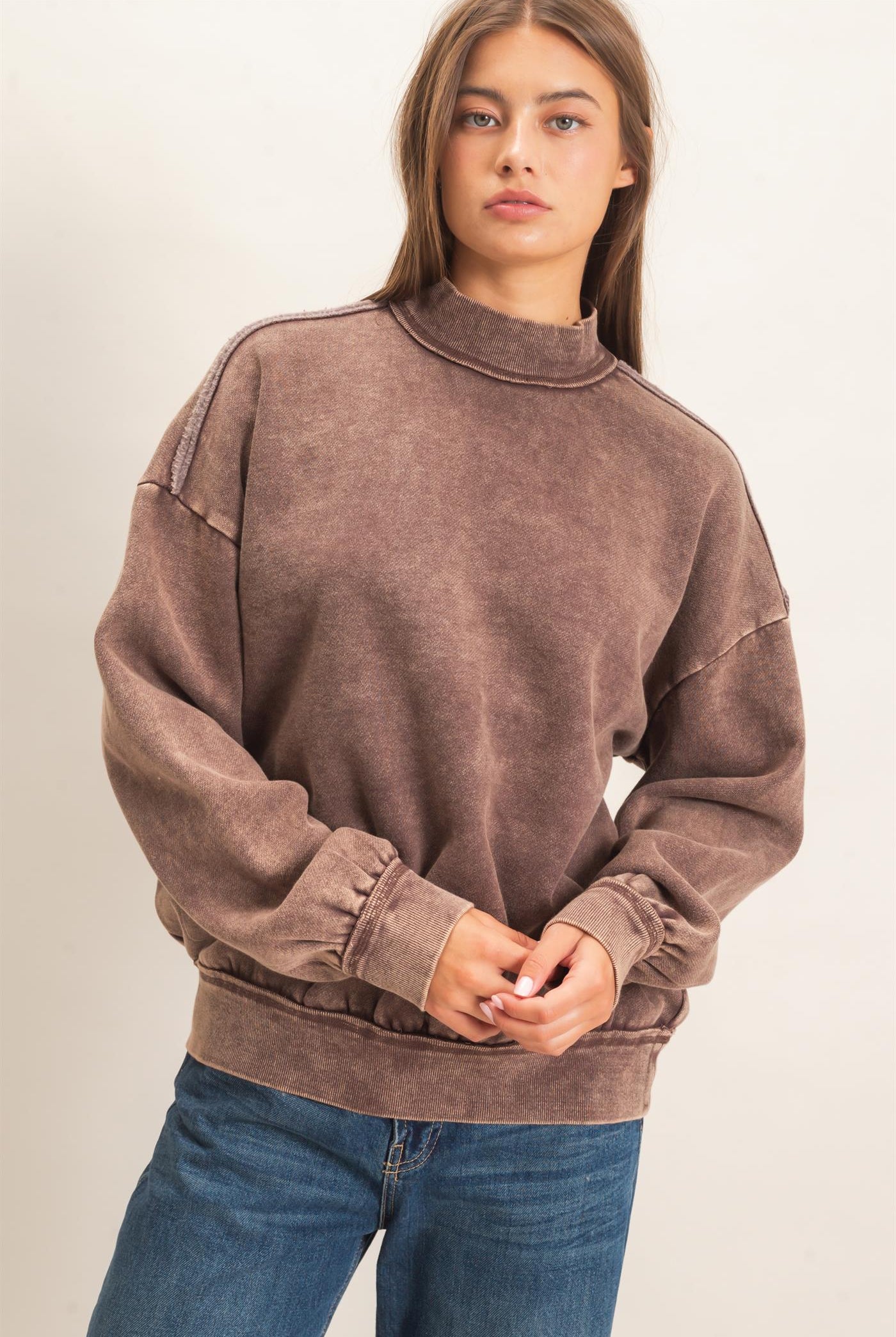 Wholesale Acid Washed Mock Neck Sweatshirt Sweatshirts DZ26E656 DARK BROWN DOUBLE ZERO
