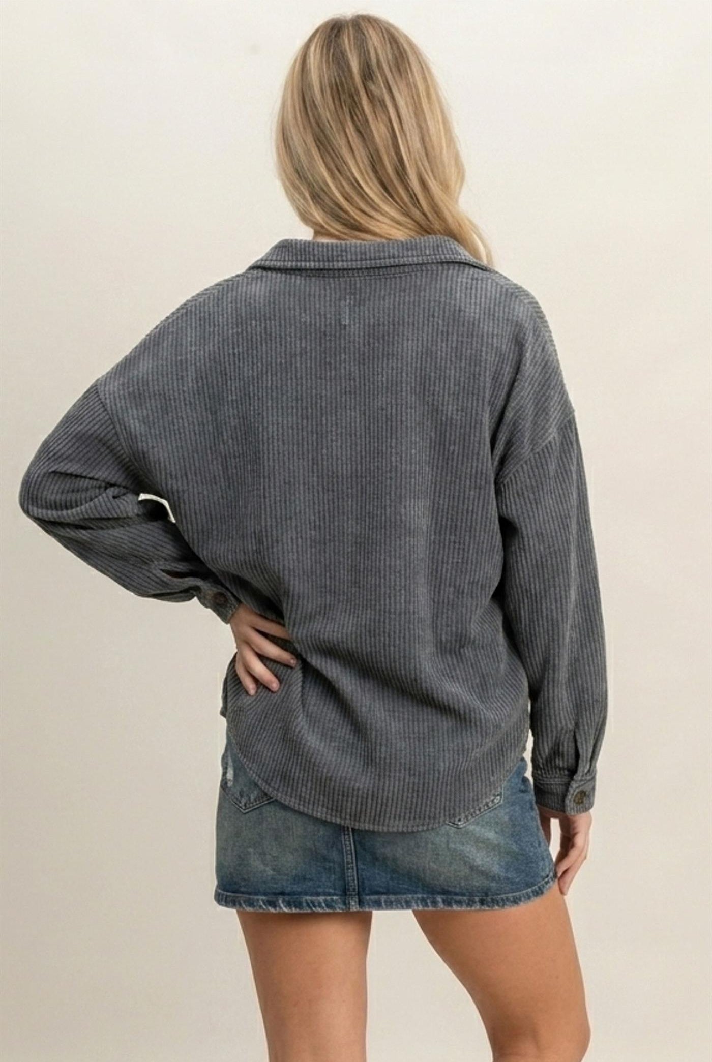 Wholesale Mineral Wash Waffle Knit Button-Up Shacket Coats & Jackets DZ26E249 DARK GRAY DOUBLE ZERO