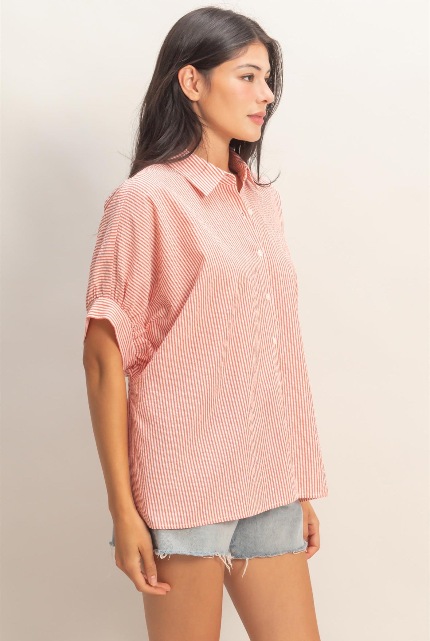 Wholesale Striped Short Sleeve Button-Front Blouse T-Shirts DZ26C276 RED DOUBLE ZERO