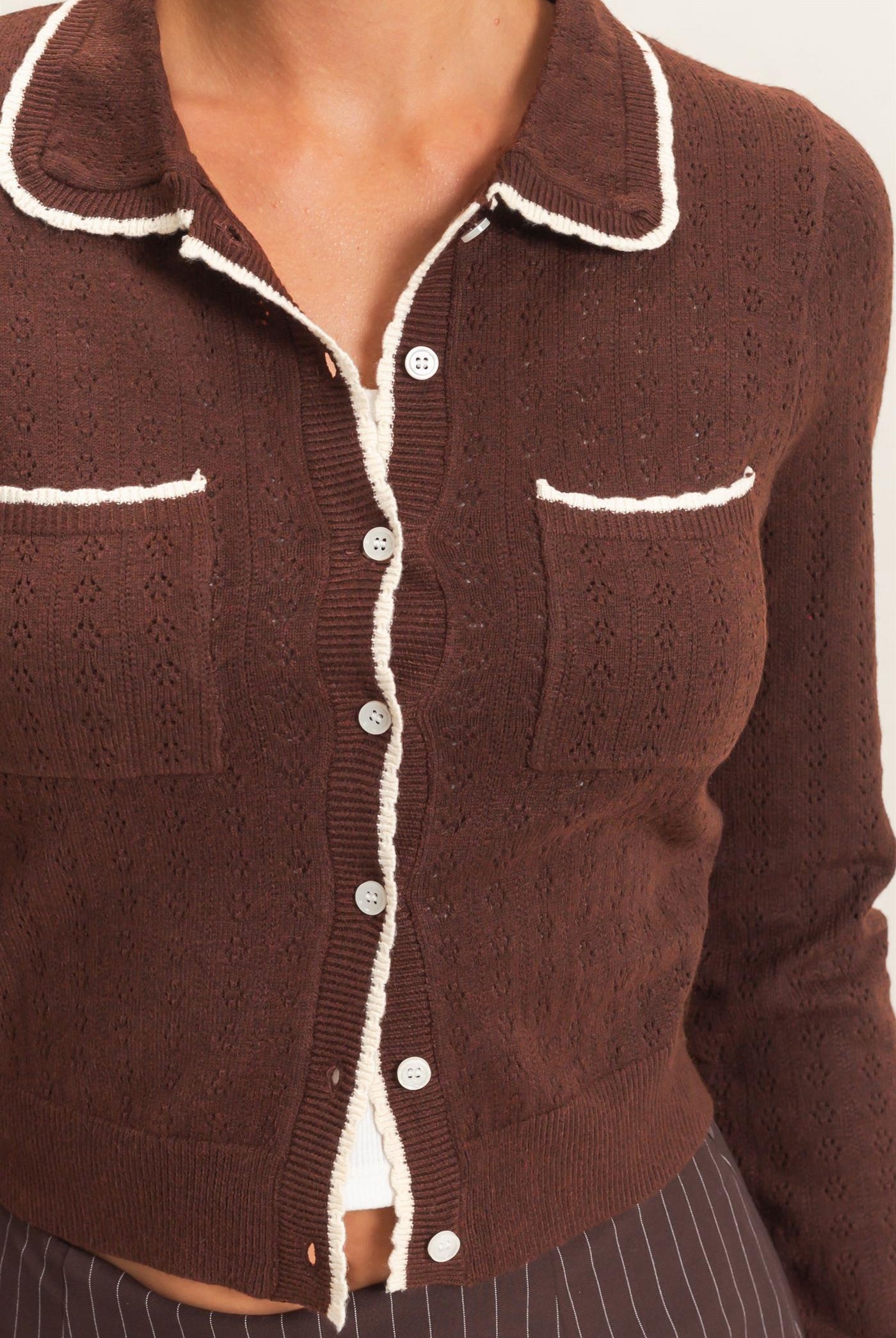Wholesale Collared Pointelle Knit Cardigan Sweaters DZ26E101 DARK BROWN DOUBLE ZERO