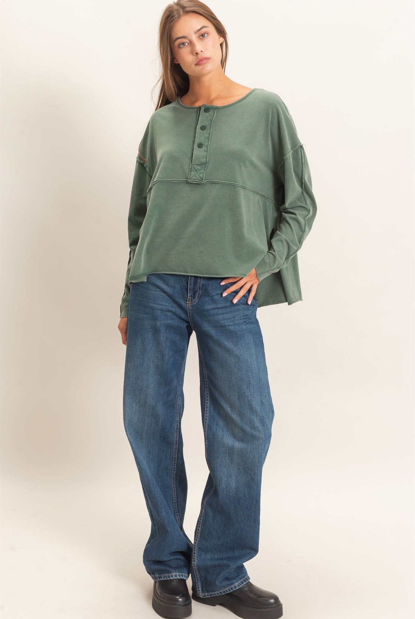 Wholesale Oversized Henley Top With Raw Edges Clothing Tops DZ26F128 DARK GREEN DOUBLE ZERO