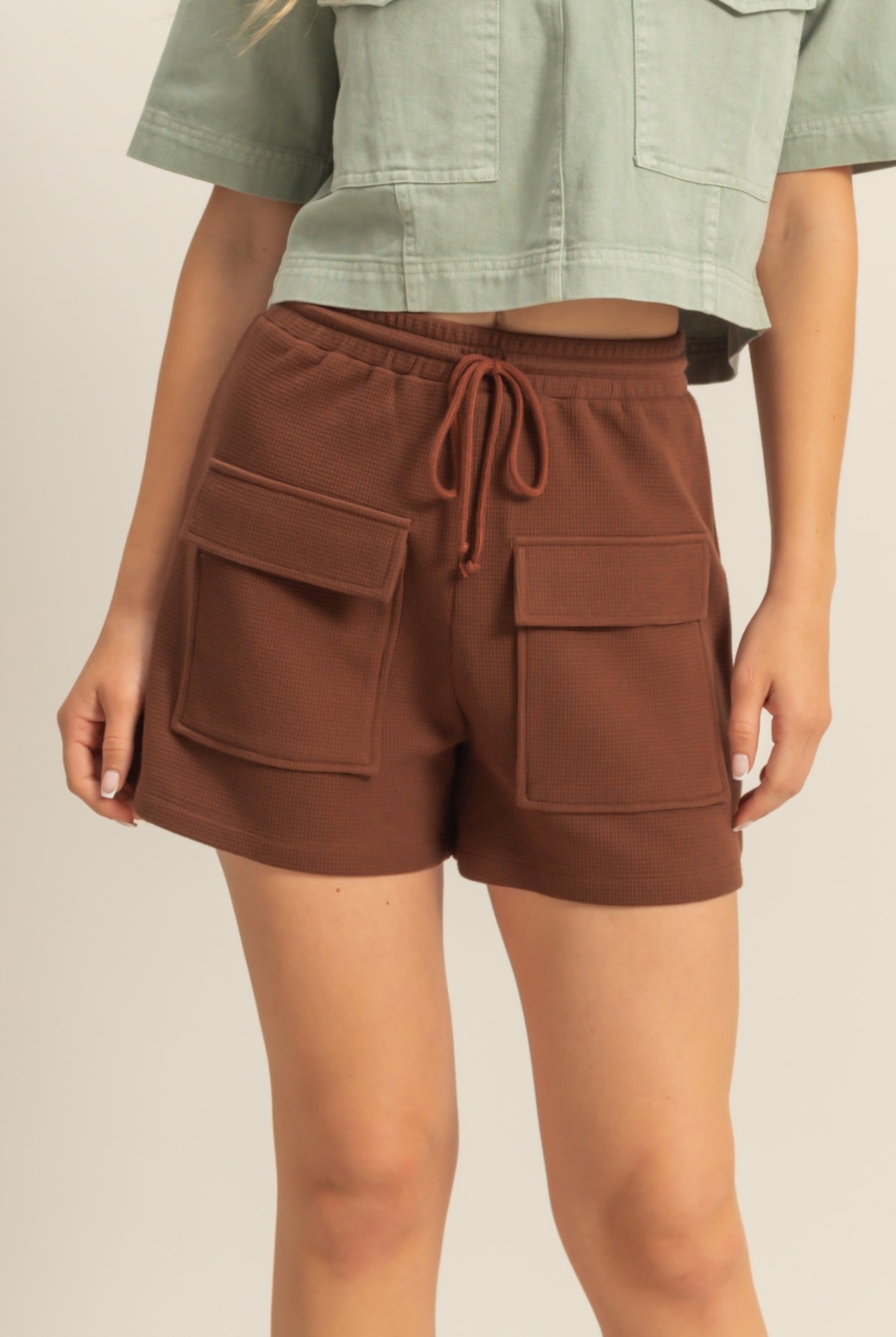 Wholesale Waffle Knit Front Pocket Shorts Shorts DZ25A793 CHESTNUT DOUBLE ZERO