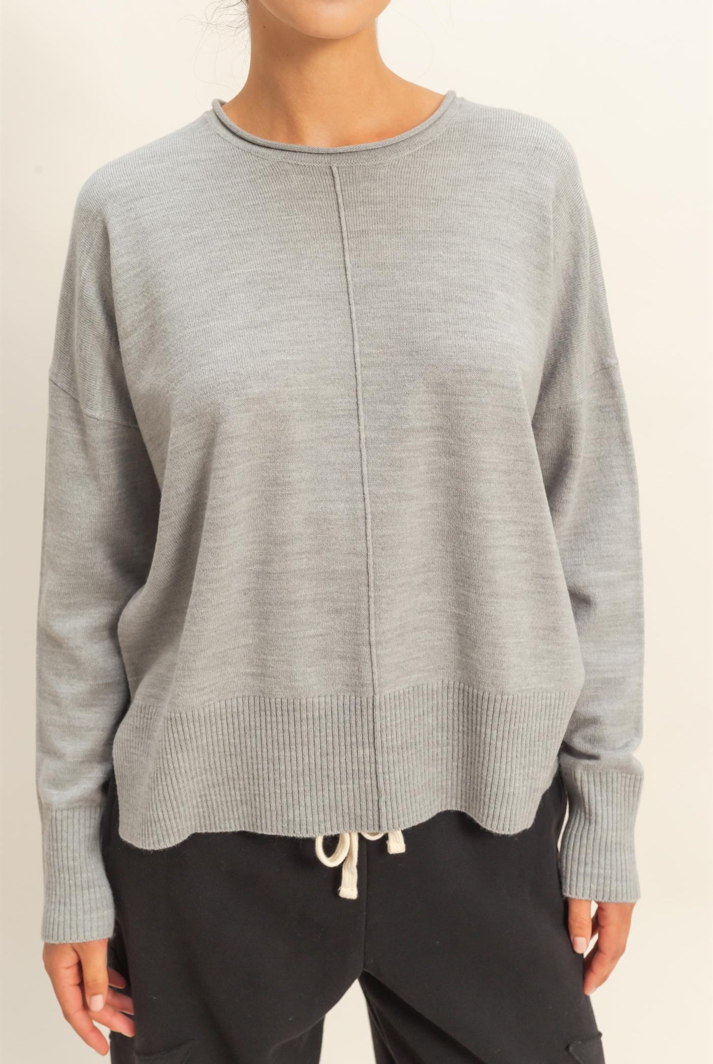 Wholesale Not A Player Roll Neck Drop Shoulder Sweater Sweaters DZ25C938 HEATHER GRAY DOUBLE ZERO