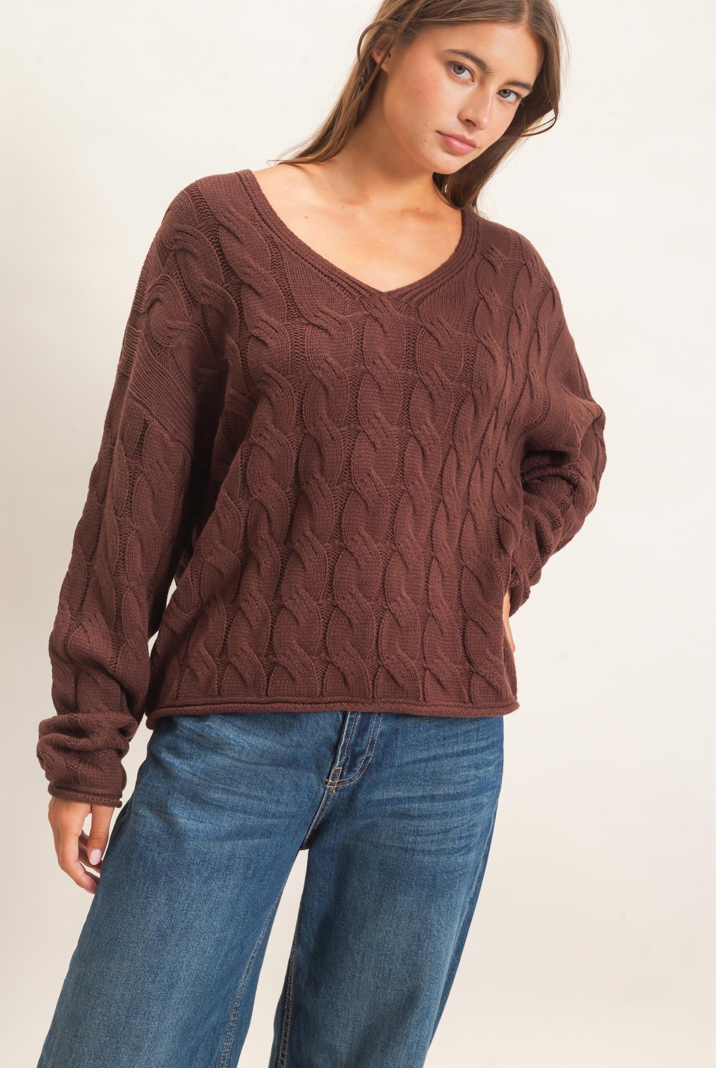 Wholesale Cable Knit V-Neck Sweater Sweaters DZ26E087 DARK BROWN DOUBLE ZERO