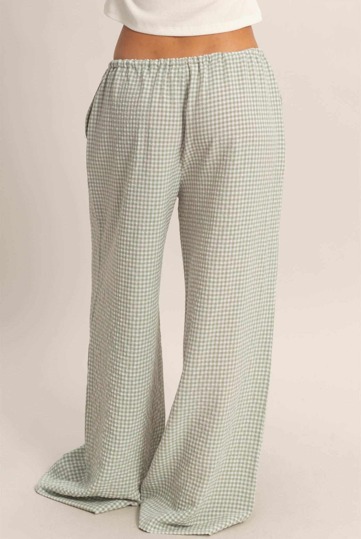 Wholesale Gingham Drawstring Wide-Leg Pants Pants DZ26C202 SAGE GREEN DOUBLE ZERO